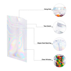 Customizable Clear and Half Diamond Holographic Mylar Flat Zipper Seal Bags with Round Hang Hole (Full Customization)