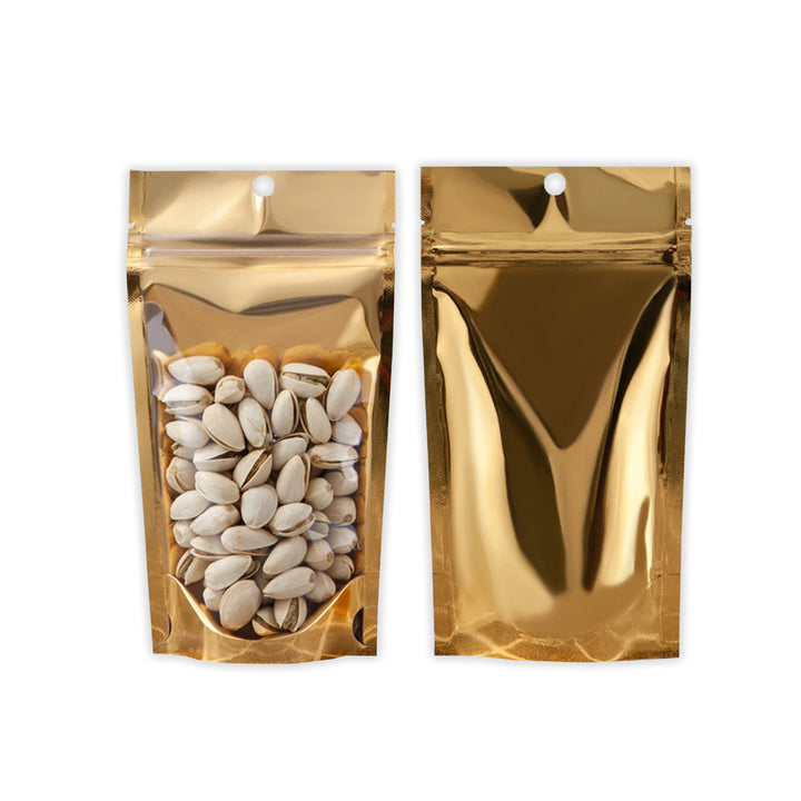 QQ Studio® Single Side Glossy Half Gold Rush Metallic Mylar Stand Strong® Bags with Round Hang-Hole