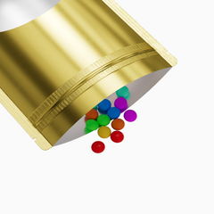 Glossy Sweet Cream Gold Round Window Plastic and Mylar Stand Strong® Bags with Rounded Corners