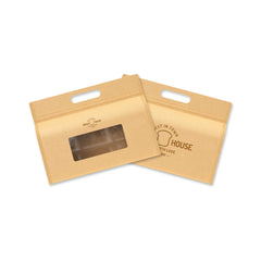 Customizable Krafty Brown Translucent Window Side Gusset Stand Up Zipper Seal Bags with Die Cut Handles (Basic Printing)