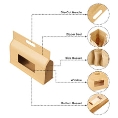 Customizable Krafty Brown Translucent Window Side Gusset Stand Up Zipper Seal Bags with Die Cut Handles (Basic Printing)
