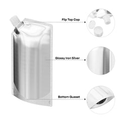 Customizable Glossy Iron Silver Bottle Pouch with Corner Wide Mouth Flip Cap (Basic Printing)