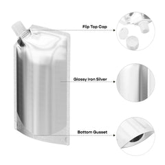 Customizable Glossy Iron Silver Bottle Pouch with Corner Wide Mouth Flip Cap (Full Customization)