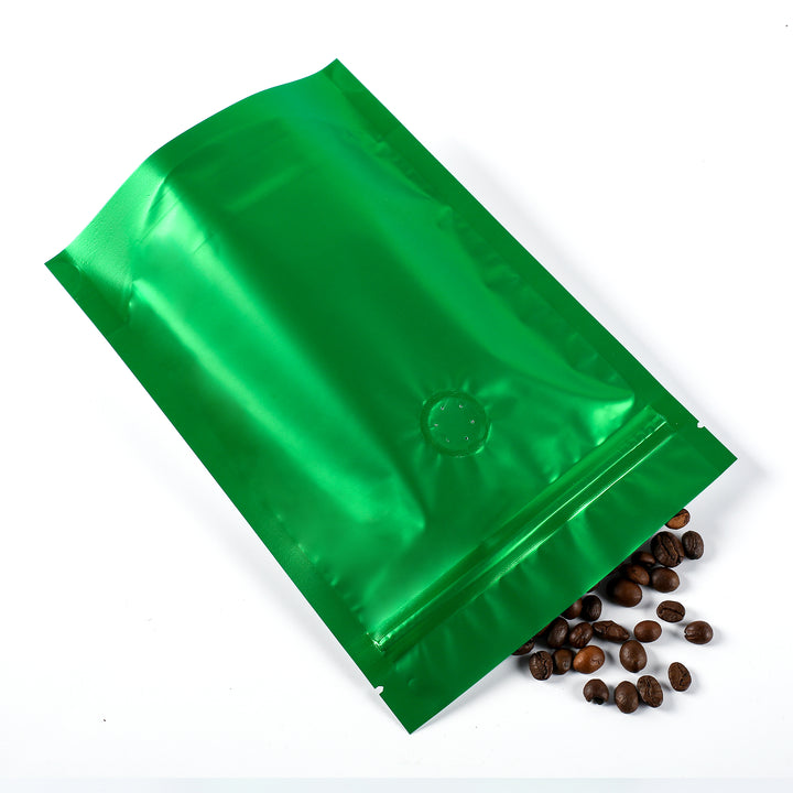 QQ Studio® Single Side Matte Emerald Bean Green Metallic Mylar Stand Strong™ Coffee Valve Bags