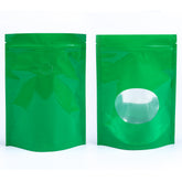 Glossy Caffeinated Clover Green Round Window Plastic and Mylar Stand Strong® Coffee Valve Bags