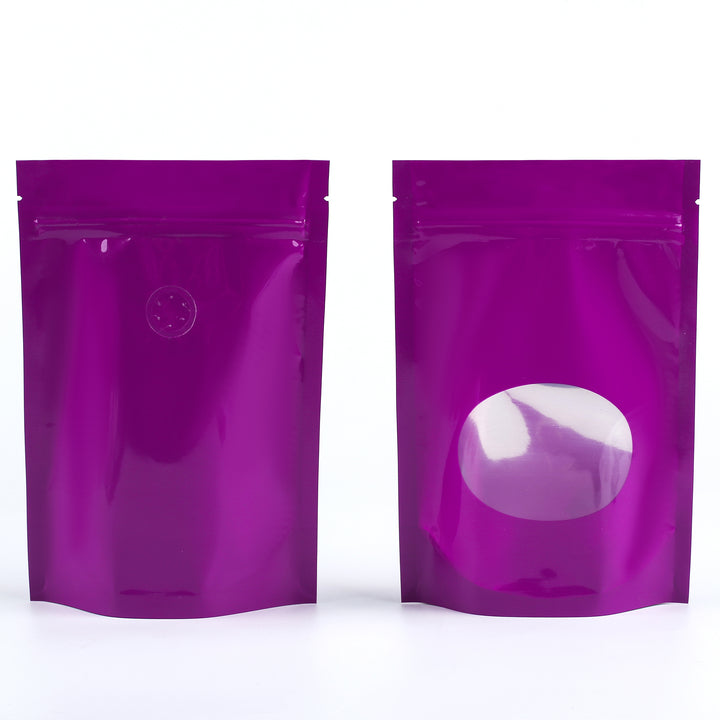 QQ Studio® Glossy Peruvian Hazy Purple Round Window Plastic and Mylar Stand Strong™ Coffee Valve Bags