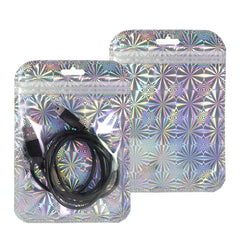 Glossy Psychedelic Silver Holographic Design Mylar QuickQlick® Bags with Rounded Top and Butterfly Hang Hole