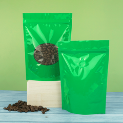 Glossy Caffeinated Clover Green Round Window Plastic and Mylar Stand Strong® Coffee Valve Bags