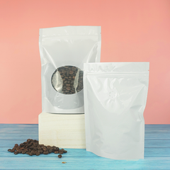 Glossy Pick-me-up Purity White Round Window Plastic and Mylar Stand Strong® Coffee Valve Bags