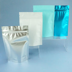 Matte Songbird Blue Metalized Foil Stand Strong® Packaging Bags With Zipper Seal
