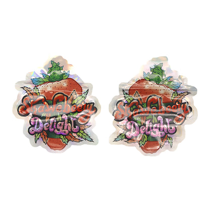 Flat Zipper Seal Bags – Holographic Strawberry Die Cut Fruit Smell Proof Mylar Foil