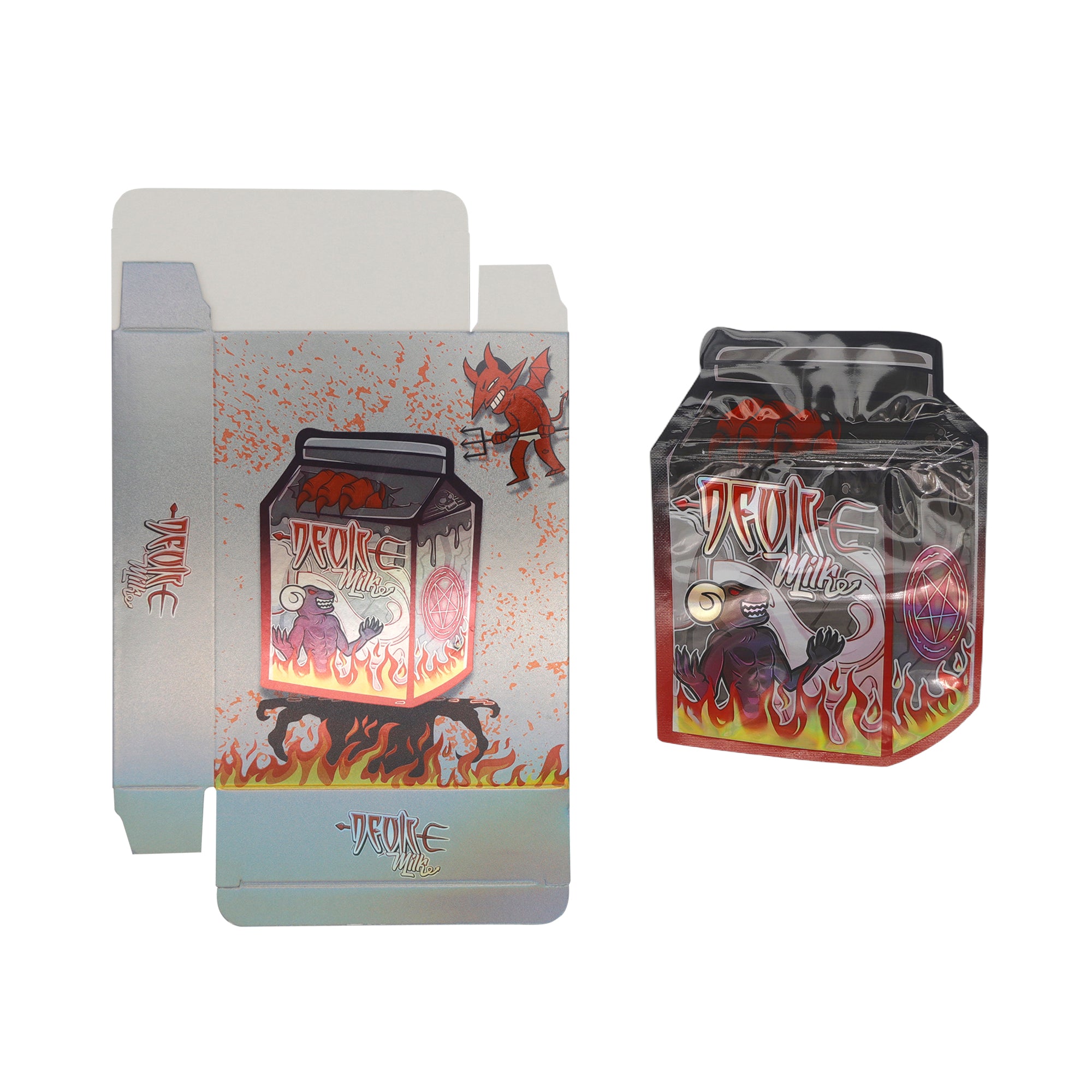 Flat Zipper Seal Bags – Holographic Devil Die-Cut Milk Carton Smell Proof Mylar Foil with Matching Box 3.5g