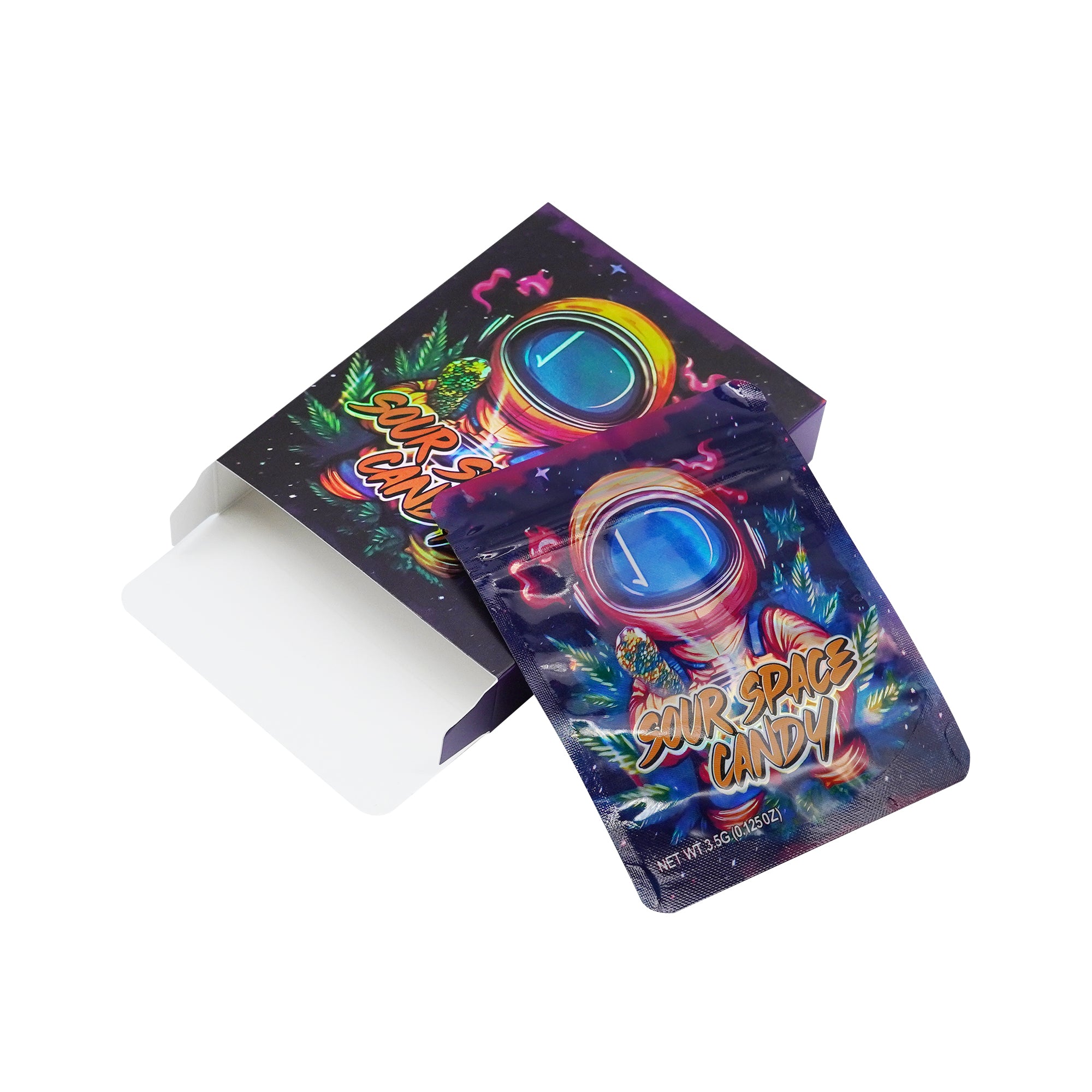 Holographic Space Candy Smell Proof Metallized Foil Stand Strong® Bags with Matching Box 3.5g