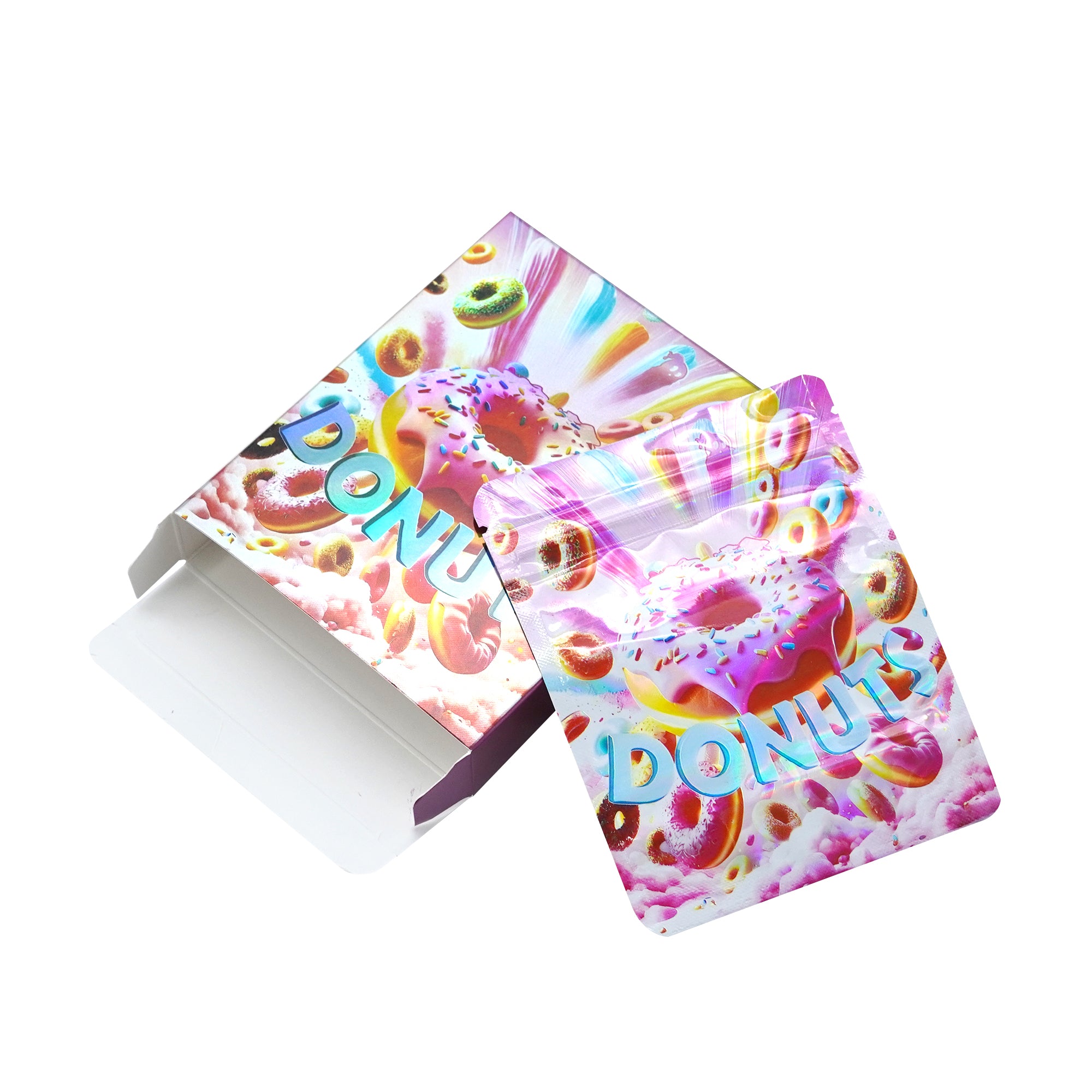 Holographic Sprinkle Donuts Smell Proof Metallized Foil Stand Strong® Bags with Matching Box 3.5g