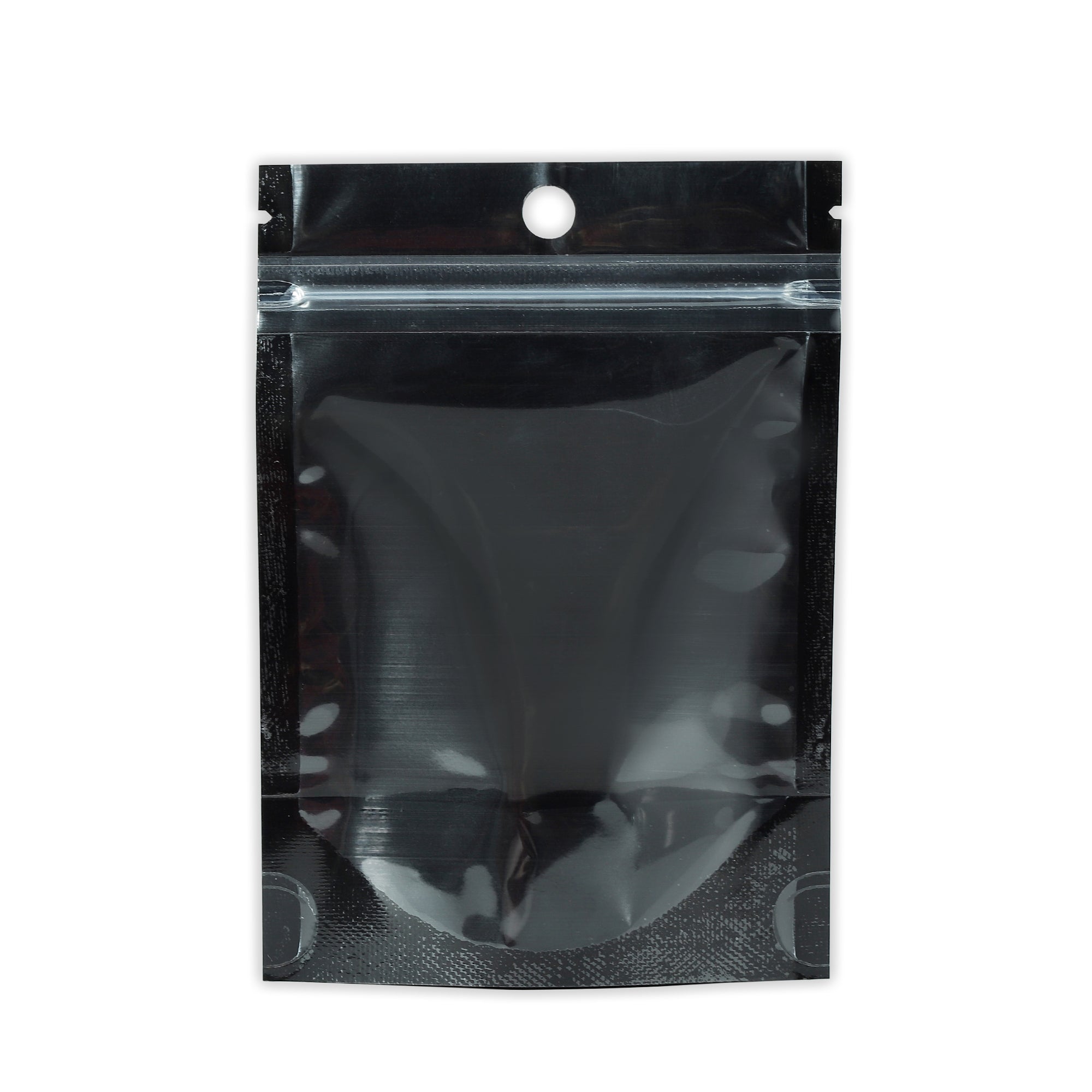 Glossy Half Mirror Black Metallic Mylar Stand Strong® Bags with Round Hang-Hole