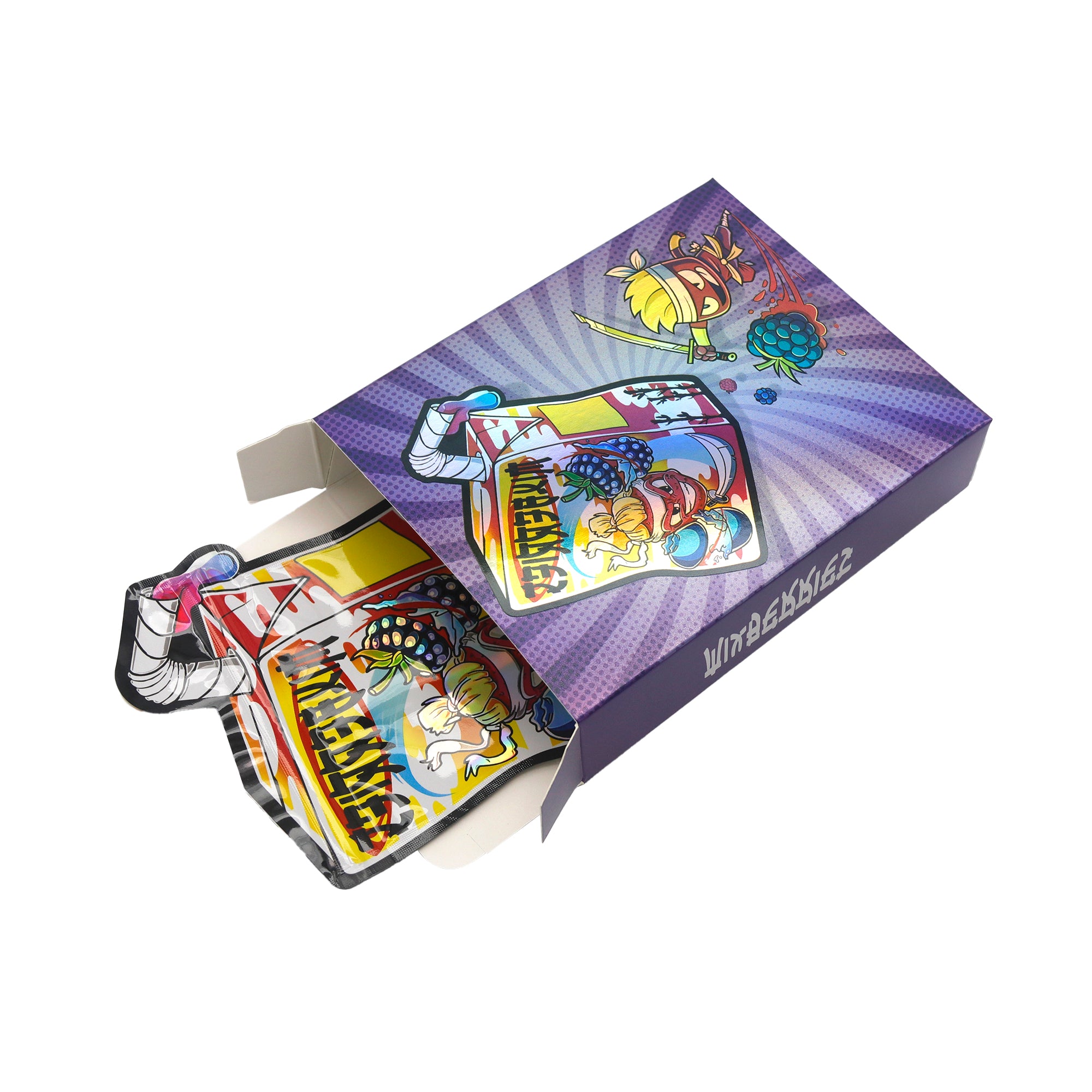 Flat Zipper Seal – Holographic Die Cut Juice Box Smell Proof Mylar Foil with Matching Box