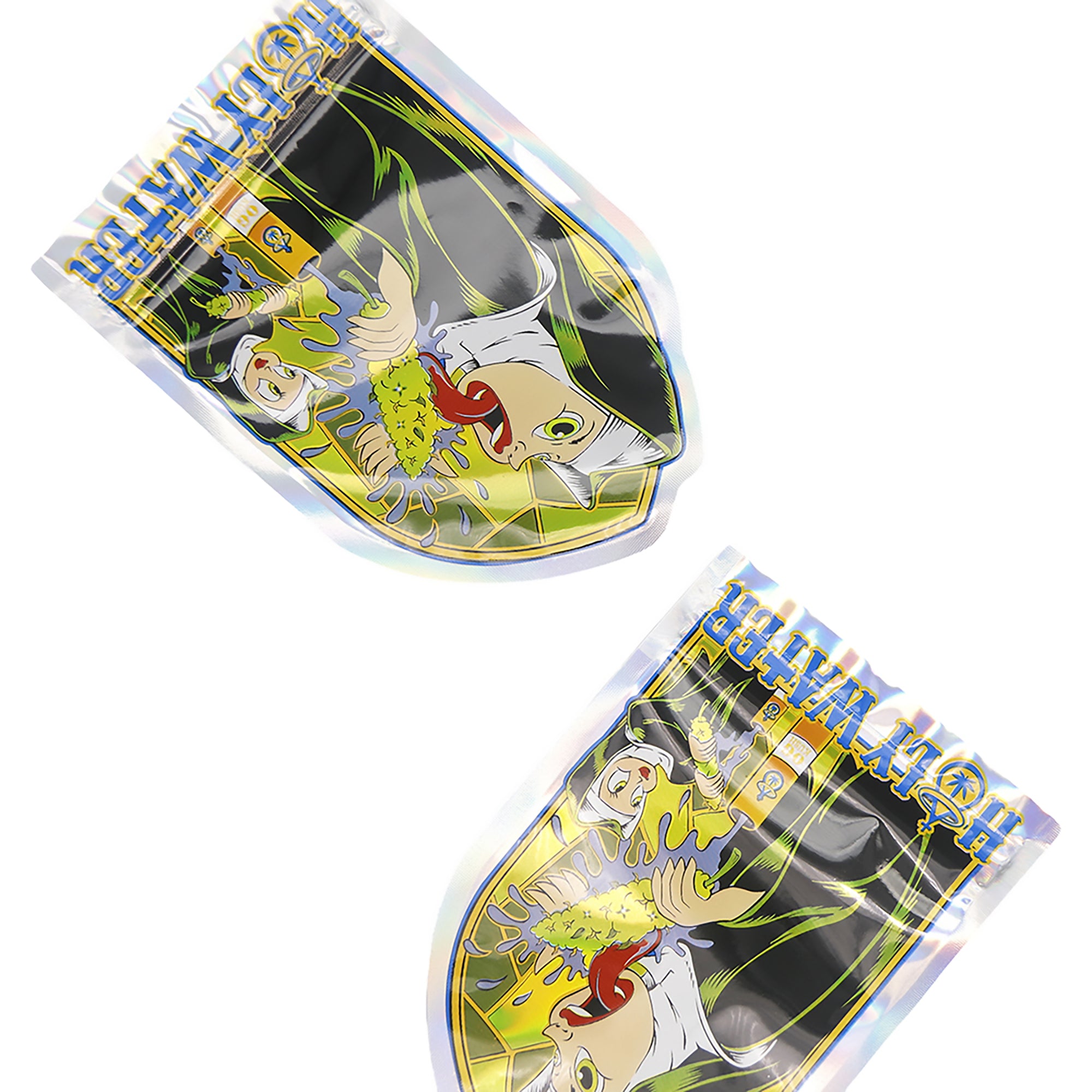 Flat Zipper Seal Bags – Holographic Holy Water Die Cut Smell Proof Bags