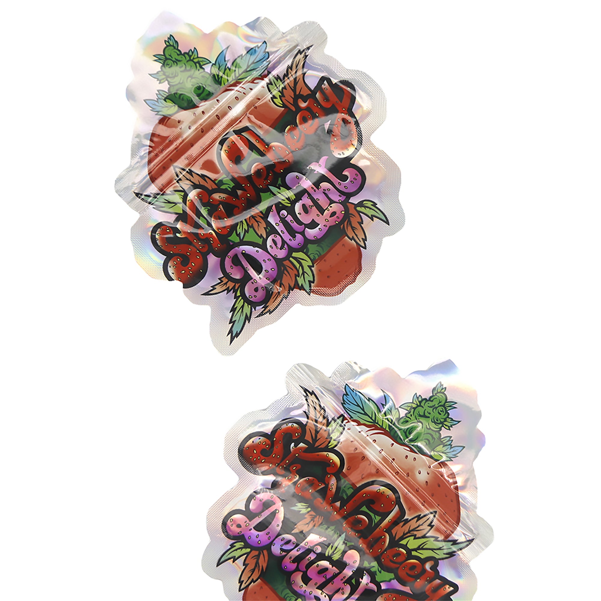 Flat Zipper Seal Bags – Holographic Strawberry Die Cut Fruit Smell Proof Mylar Foil