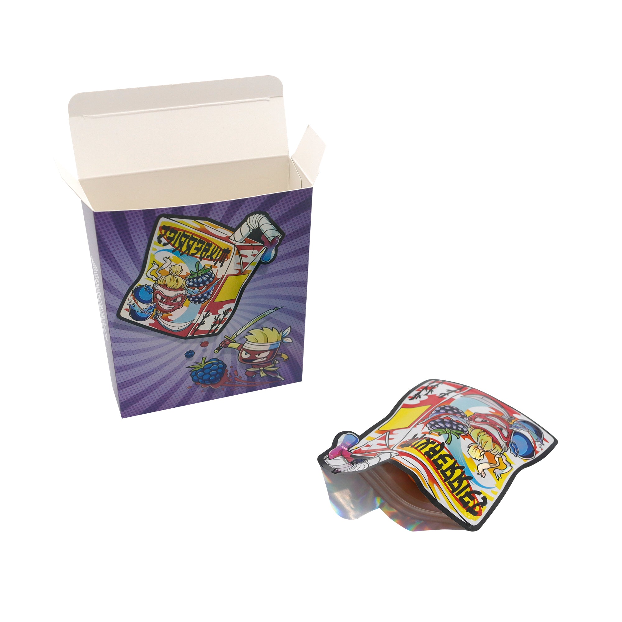 Flat Zipper Seal – Holographic Die Cut Juice Box Smell Proof Mylar Foil with Matching Box