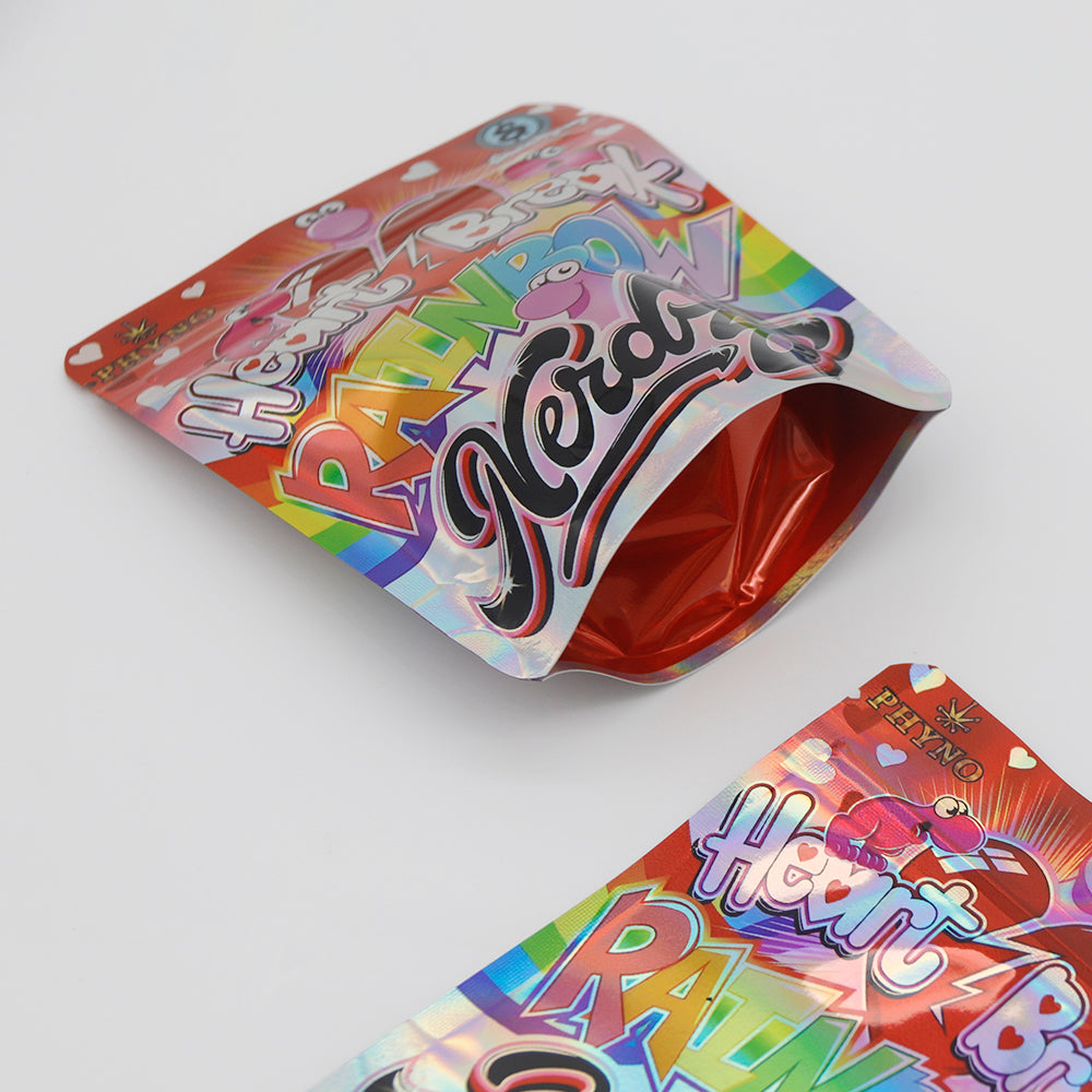Holographic Rainbow Poppers Smell Proof Metallized Foil Stand Strong Bags with Matching Box 3.5g