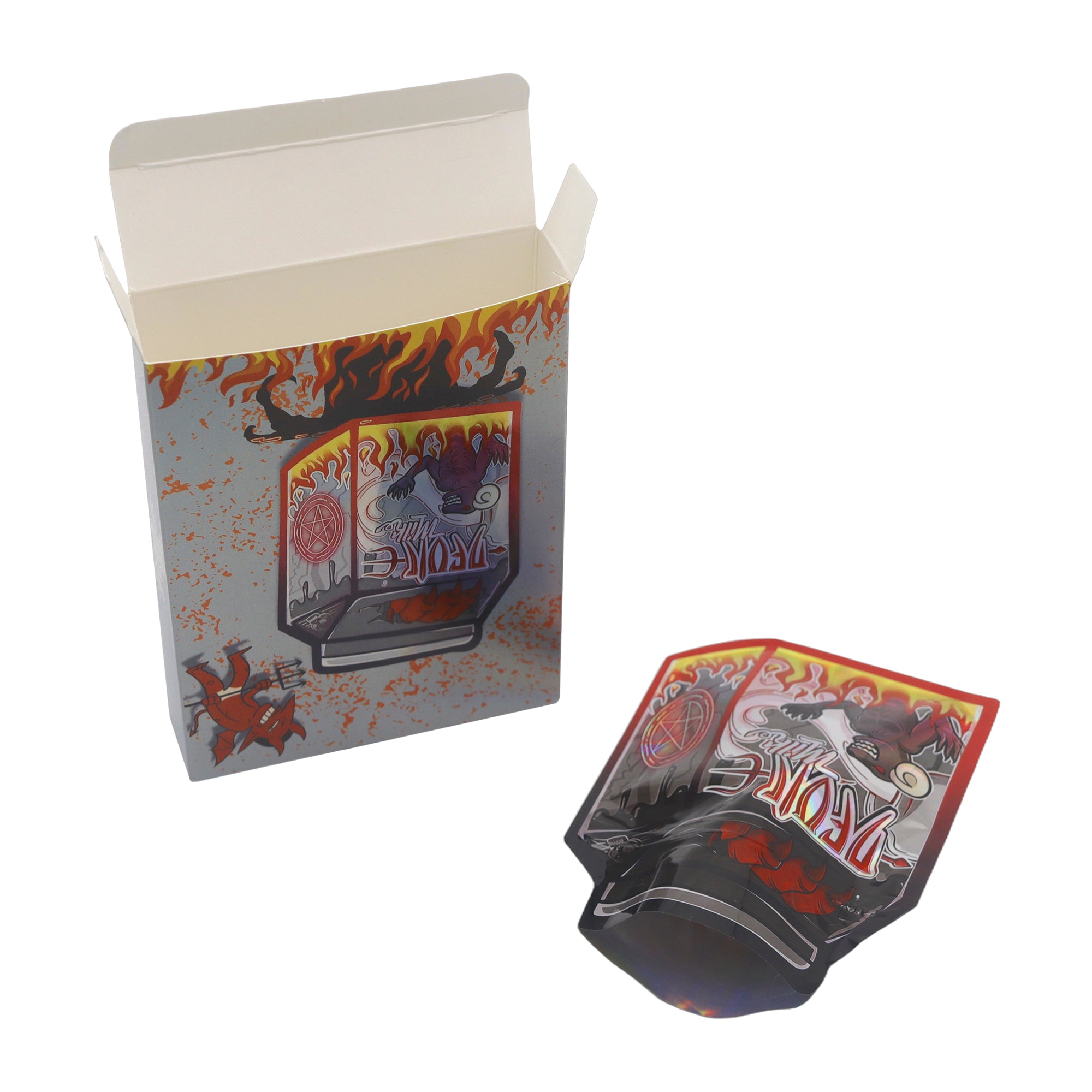 Flat Zipper Seal Bags – Holographic Devil Die-Cut Milk Carton Smell Proof Mylar Foil with Matching Box 3.5g