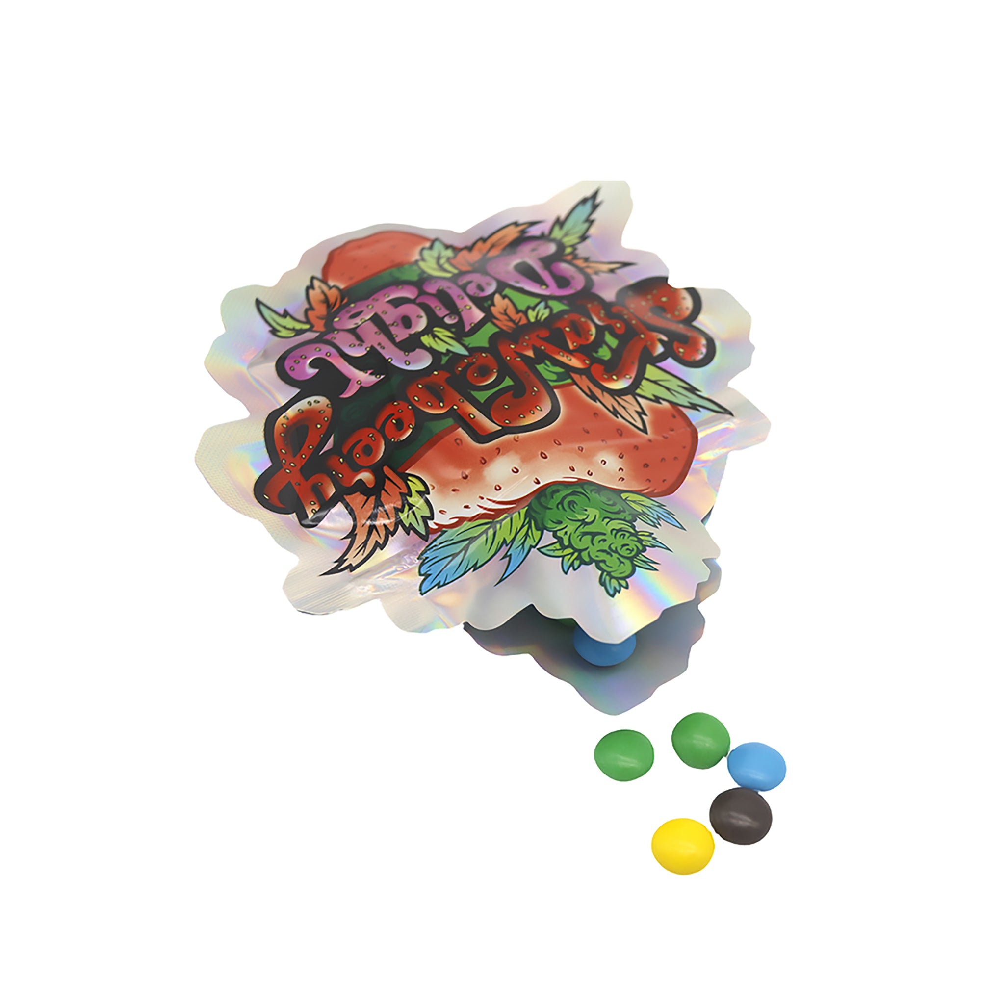 Flat Zipper Seal Bags – Holographic Strawberry Die Cut Fruit Smell Proof Mylar Foil