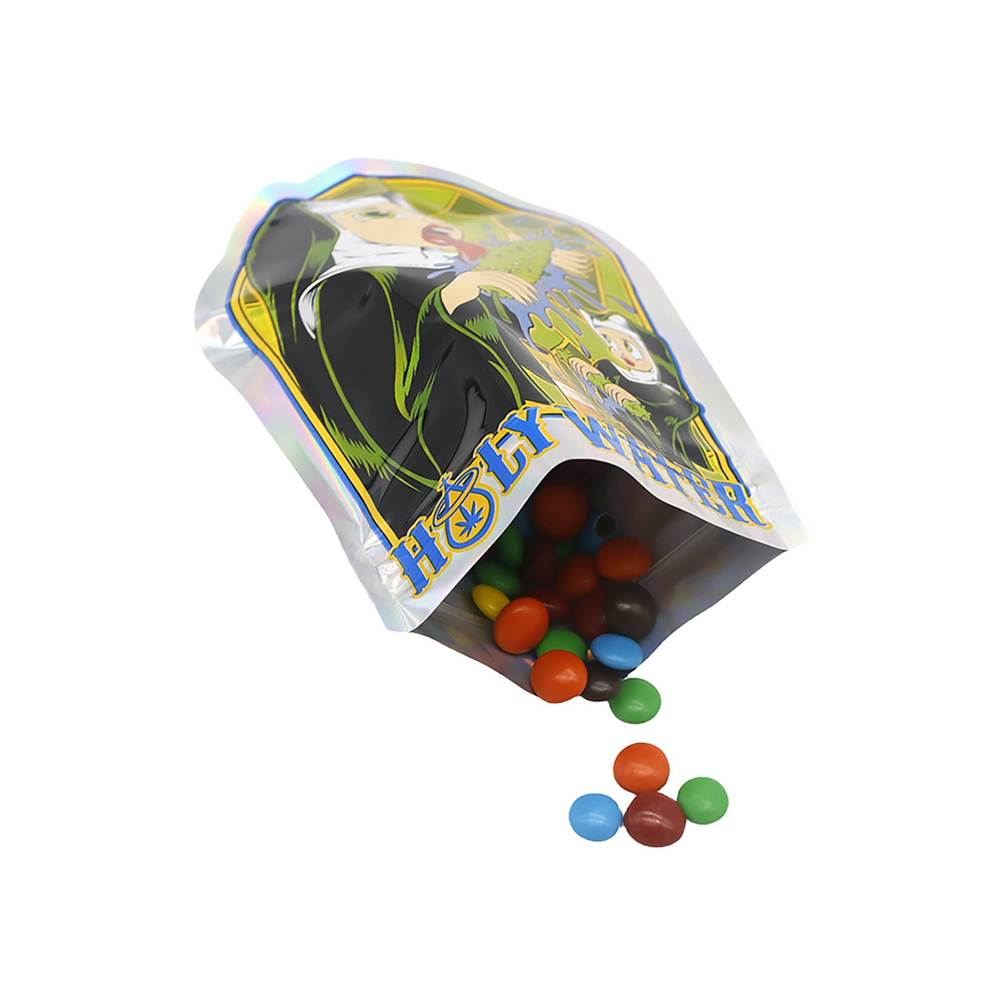 Flat Zipper Seal Bags – Holographic Holy Water Die Cut Smell Proof Bags