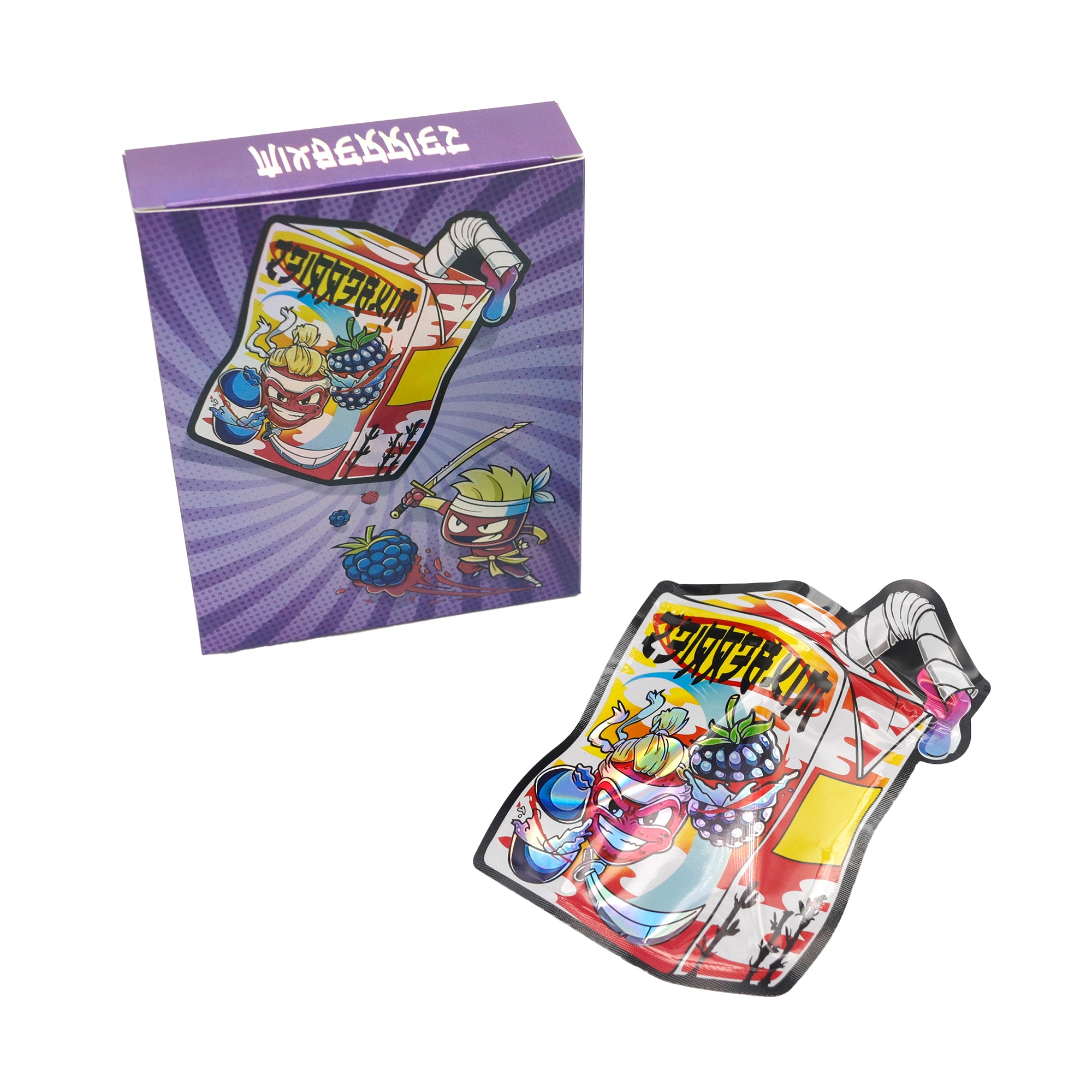 Flat Zipper Seal – Holographic Die Cut Juice Box Smell Proof Mylar Foil with Matching Box