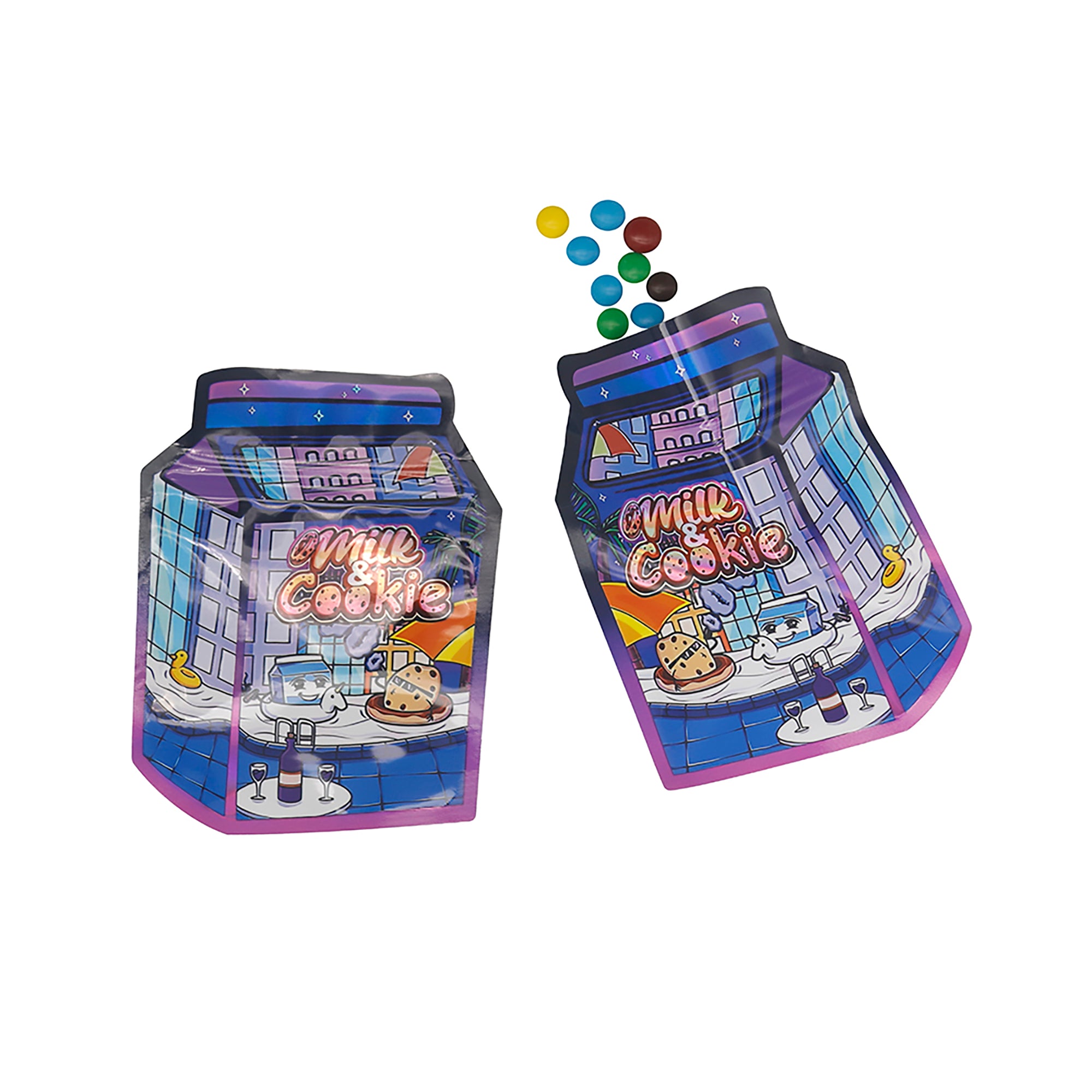 Flat Zipper Seal Bags – Holographic Milk Carton Die-Cut Smell Proof Mylar Foil