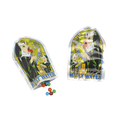 Flat Zipper Seal Bags – Holographic Holy Water Die Cut Smell Proof Bags