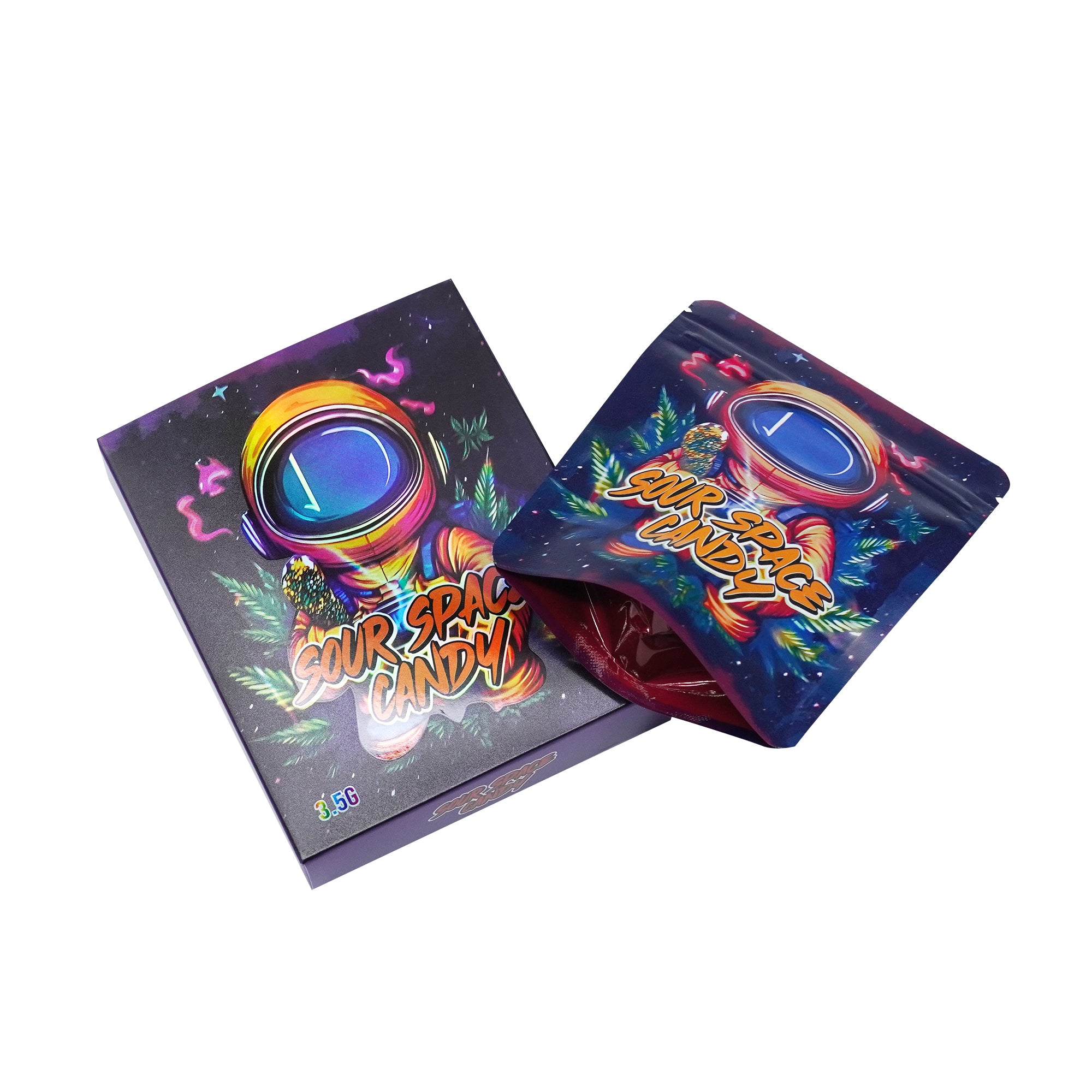Holographic Space Candy Smell Proof Metallized Foil Stand Strong® Bags with Matching Box 3.5g