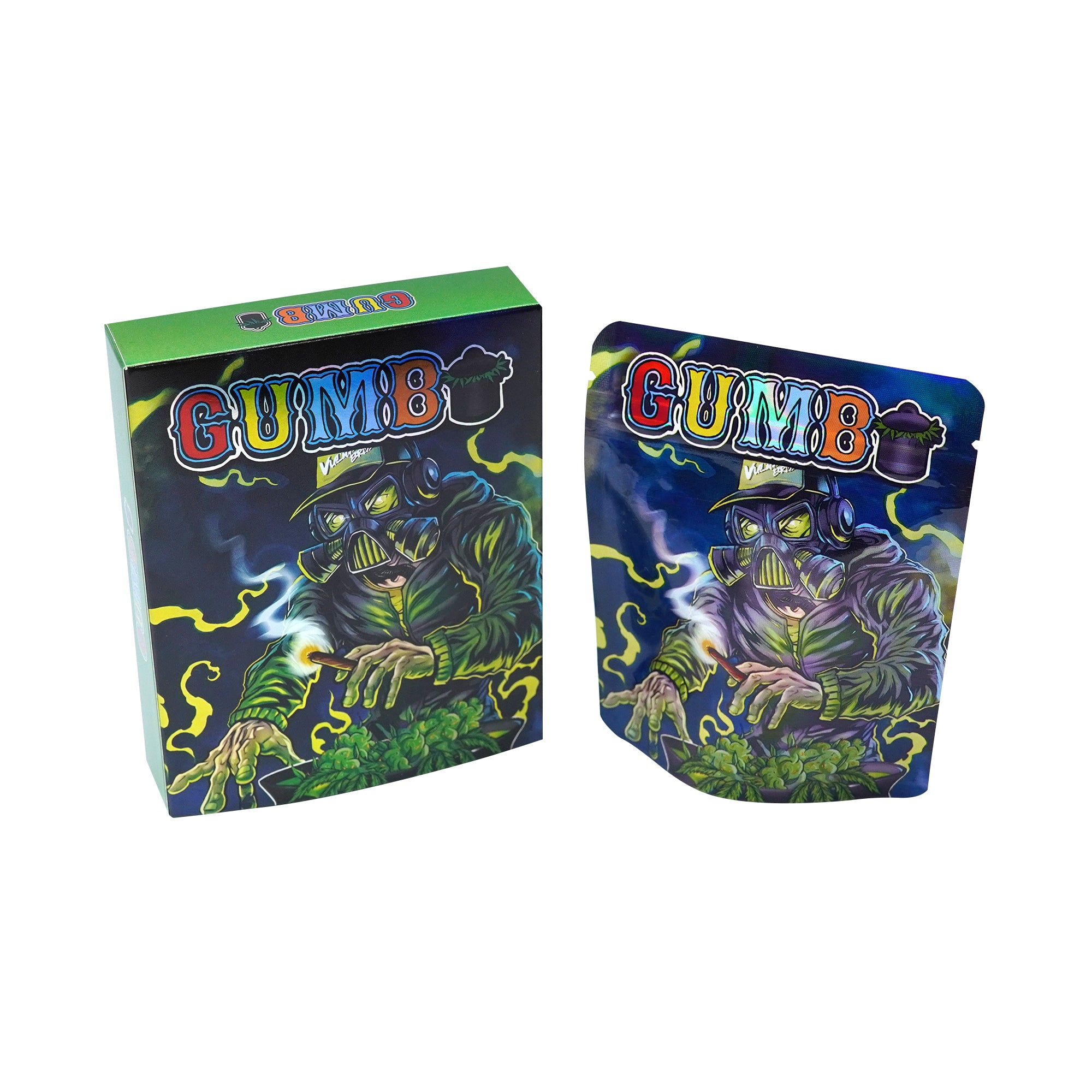 Holographic Gas Masked Smell Proof Metallized Foil Stand Strong® Bags with Matching Box 3.5g