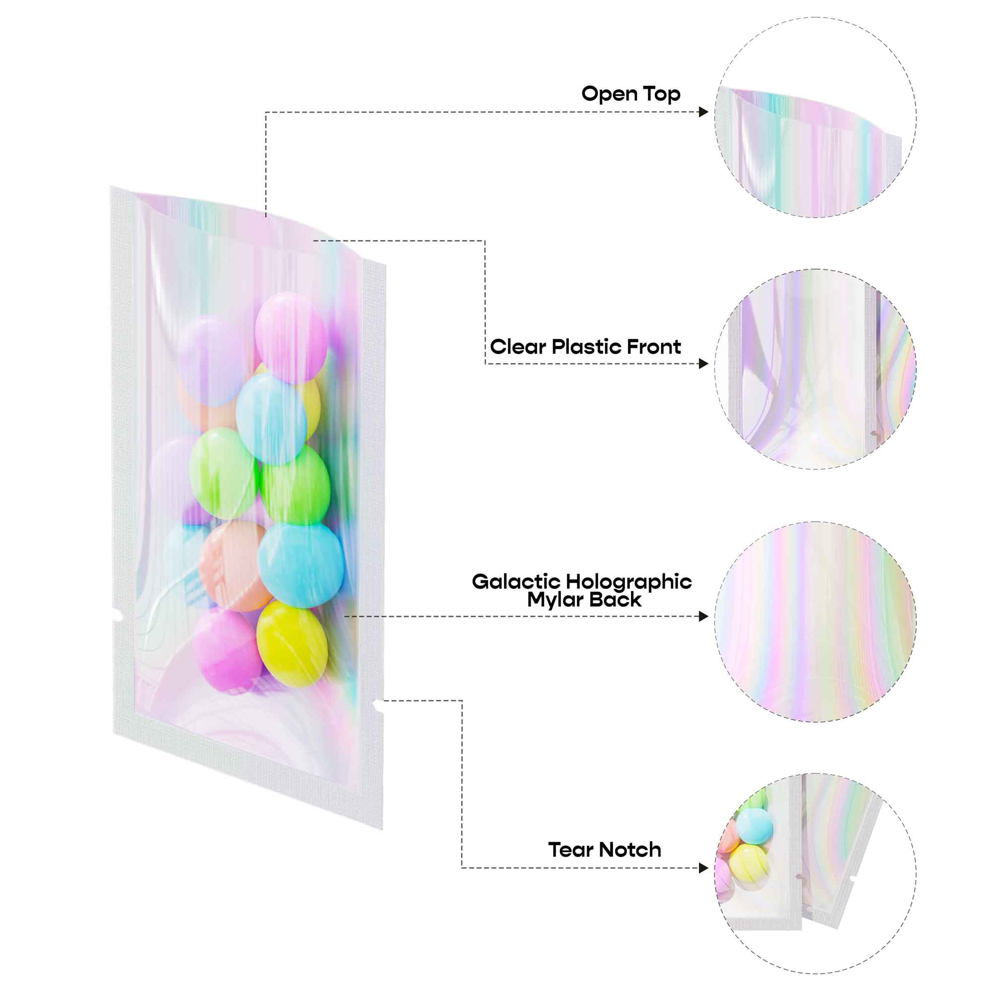 Customizable Clear Plastic and Galactic Holographic Metallic Mylar Flat Open Top Bags (Full Customization)