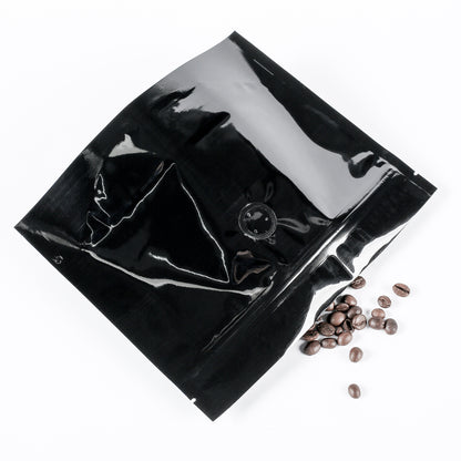 Double-Sided Glossy Café Mirror Black Horizontal Mylar StandStrong™ Coffee Valve Bags