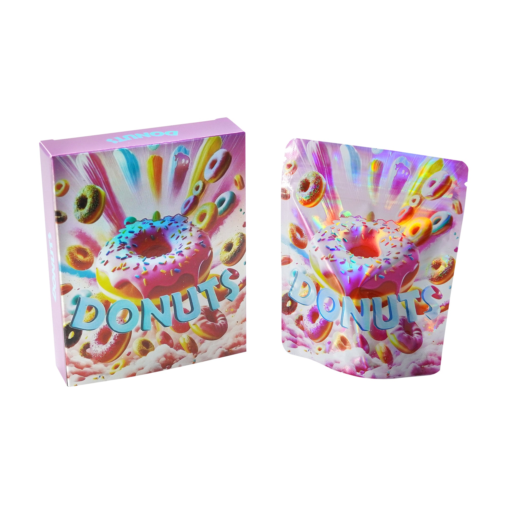 Holographic Sprinkle Donuts Smell Proof Metallized Foil Stand Strong® Bags with Matching Box 3.5g
