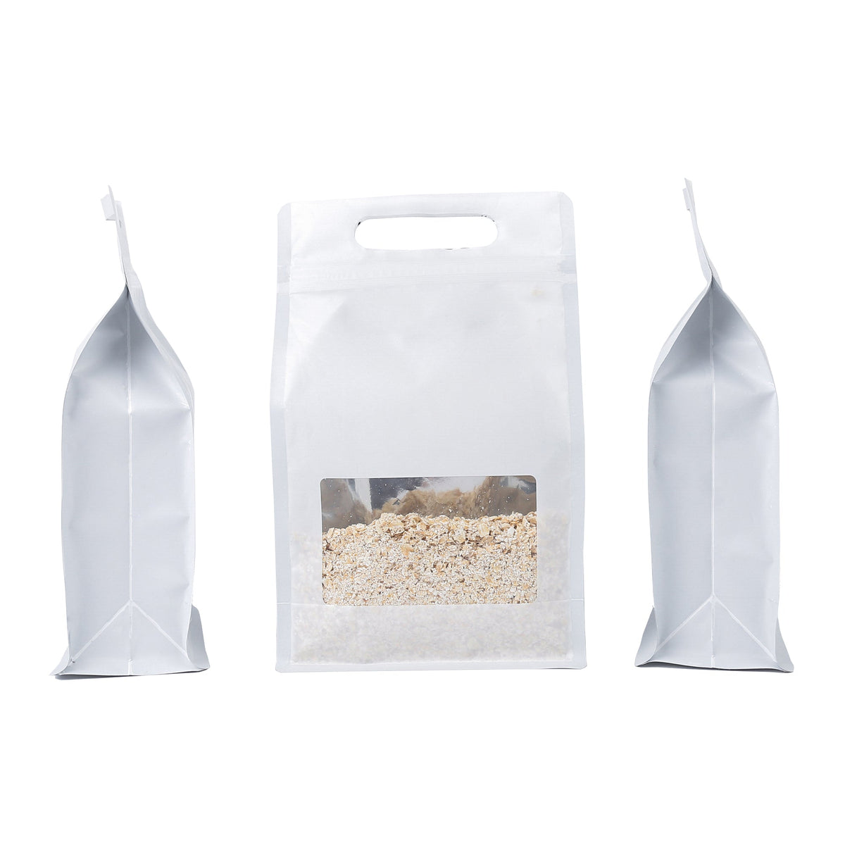 Smooth Matte Winter White Side Gusset Stand Strong® Bags with Die Cut Handles