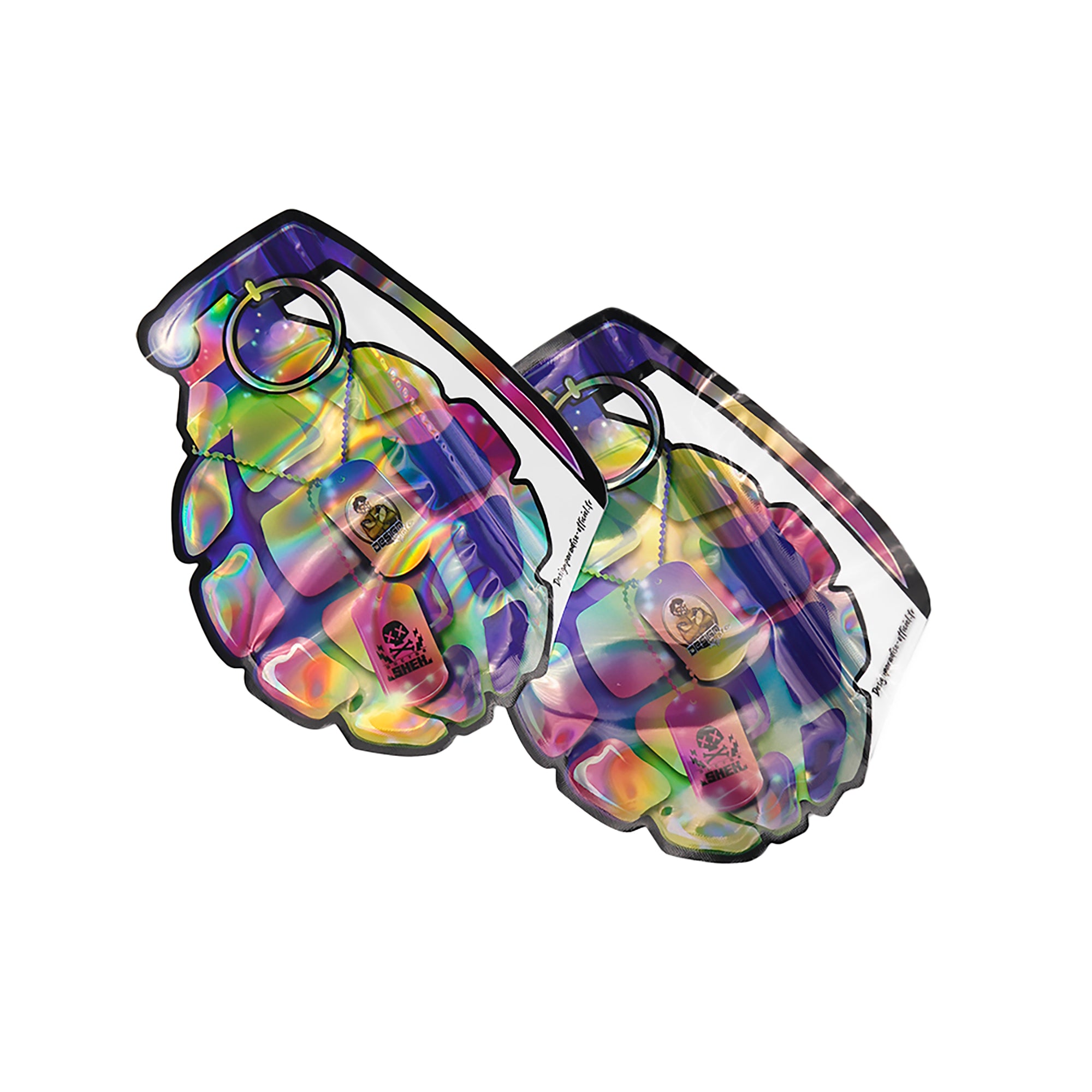 Flat Zipper Seal Bags – Holographic Grenade Die Cut Smell Proof Mylar Foil