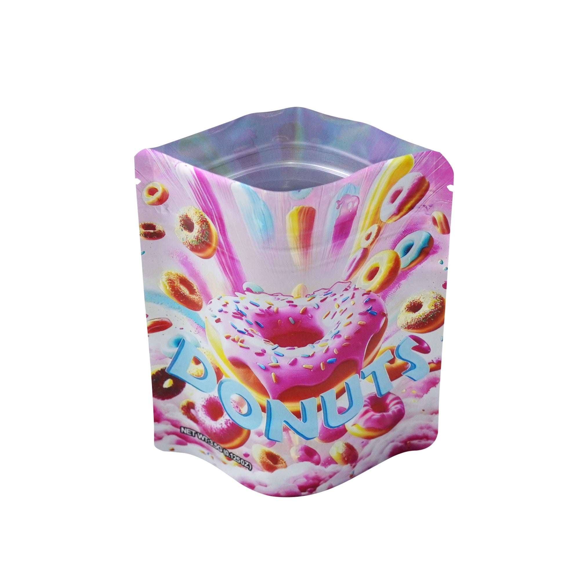Holographic Sprinkle Donuts Smell Proof Metallized Foil Stand Strong® Bags with Matching Box 3.5g