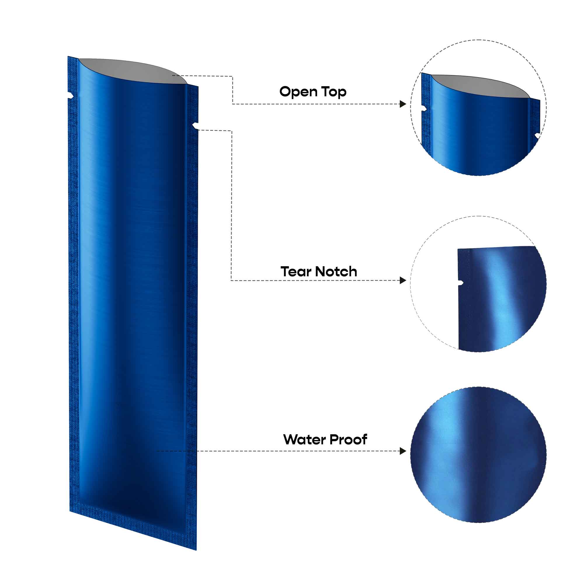 Customizable Long Metallic Aluminum Open Top Stick Pouches (Basic Printing)