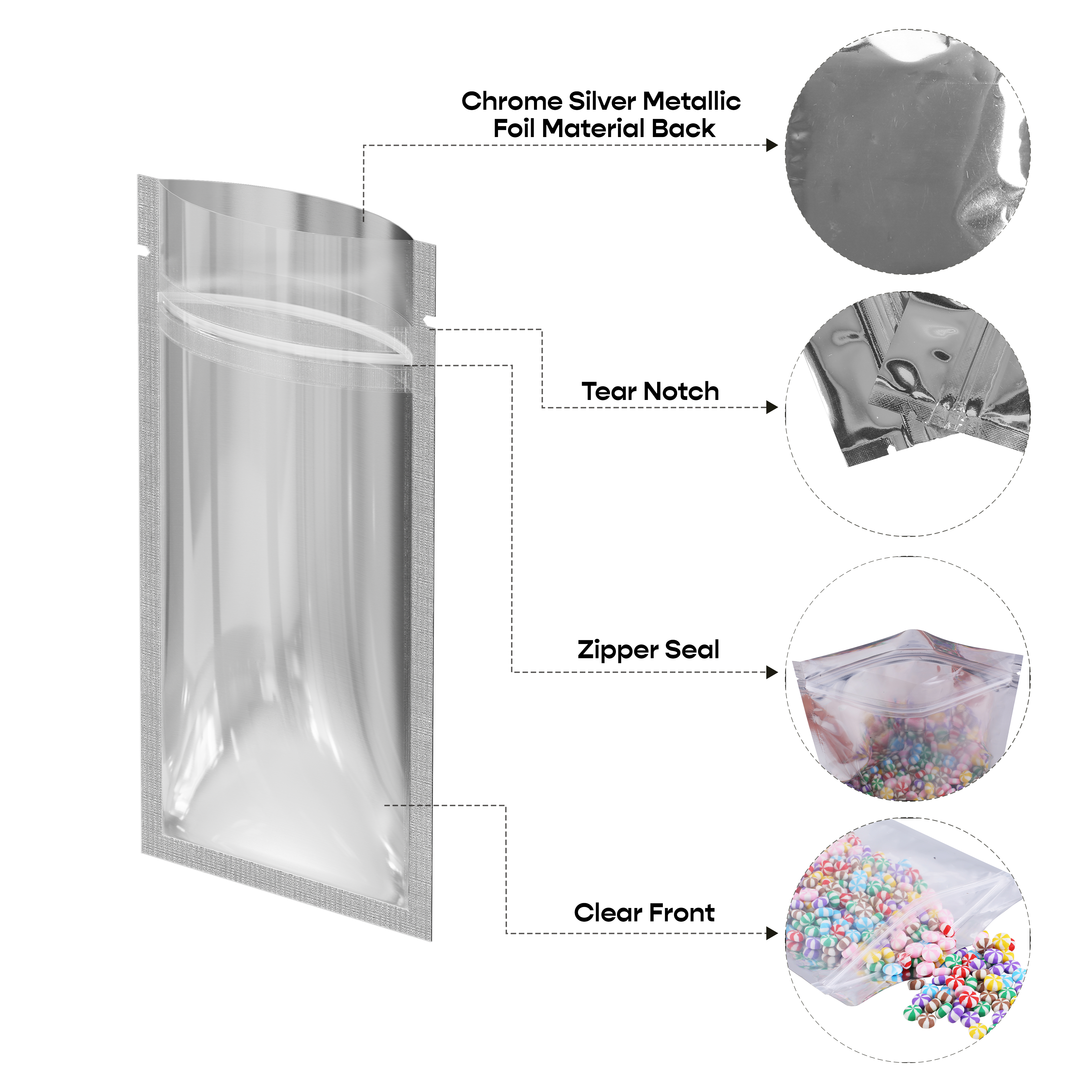 Customizable Single Side Clear Front with Chrome Silver Metallic Foil Flat Zipper Seal Bags (Basic Printing)
