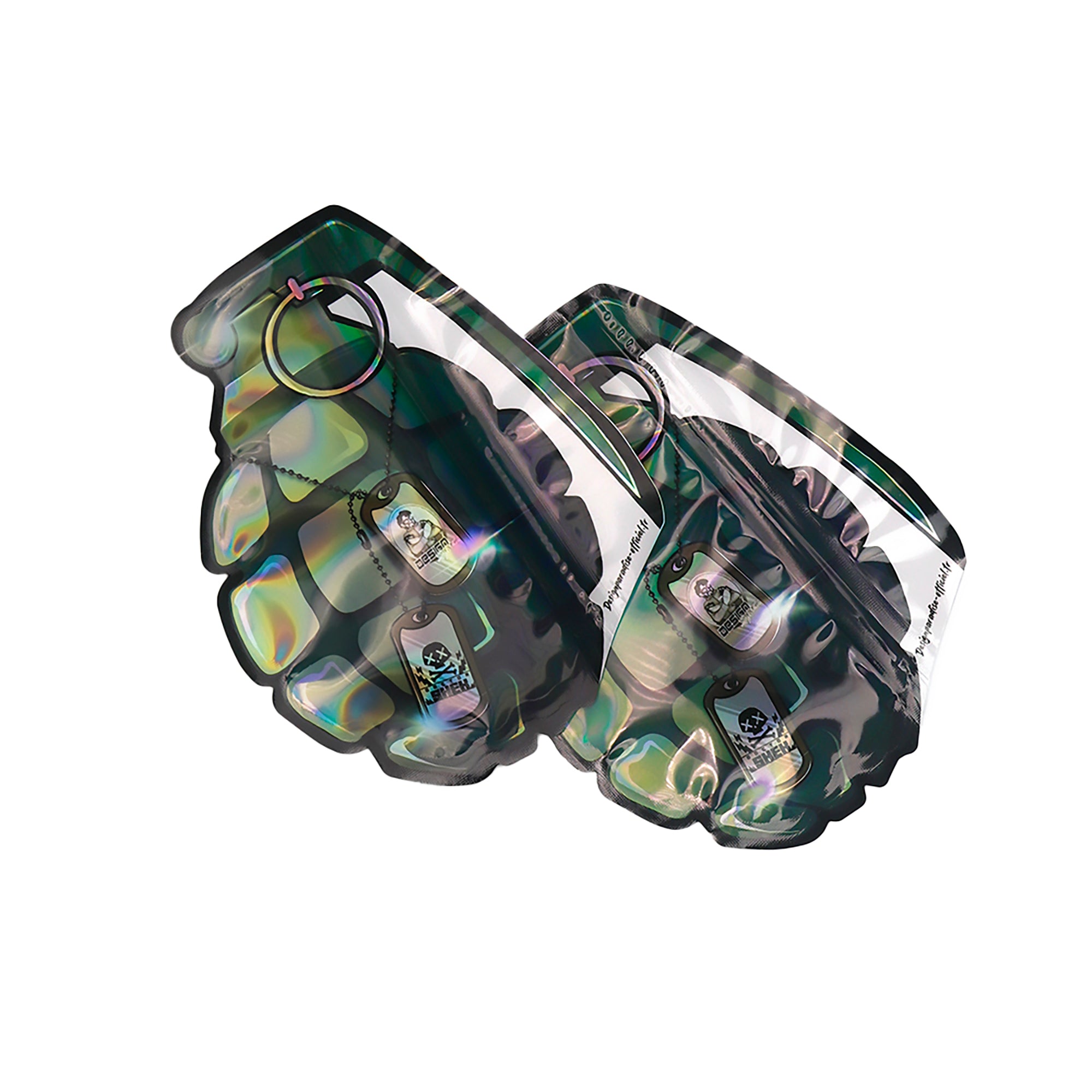 Flat Zipper Seal Bags – Holographic Grenade Die Cut Smell Proof Mylar Foil