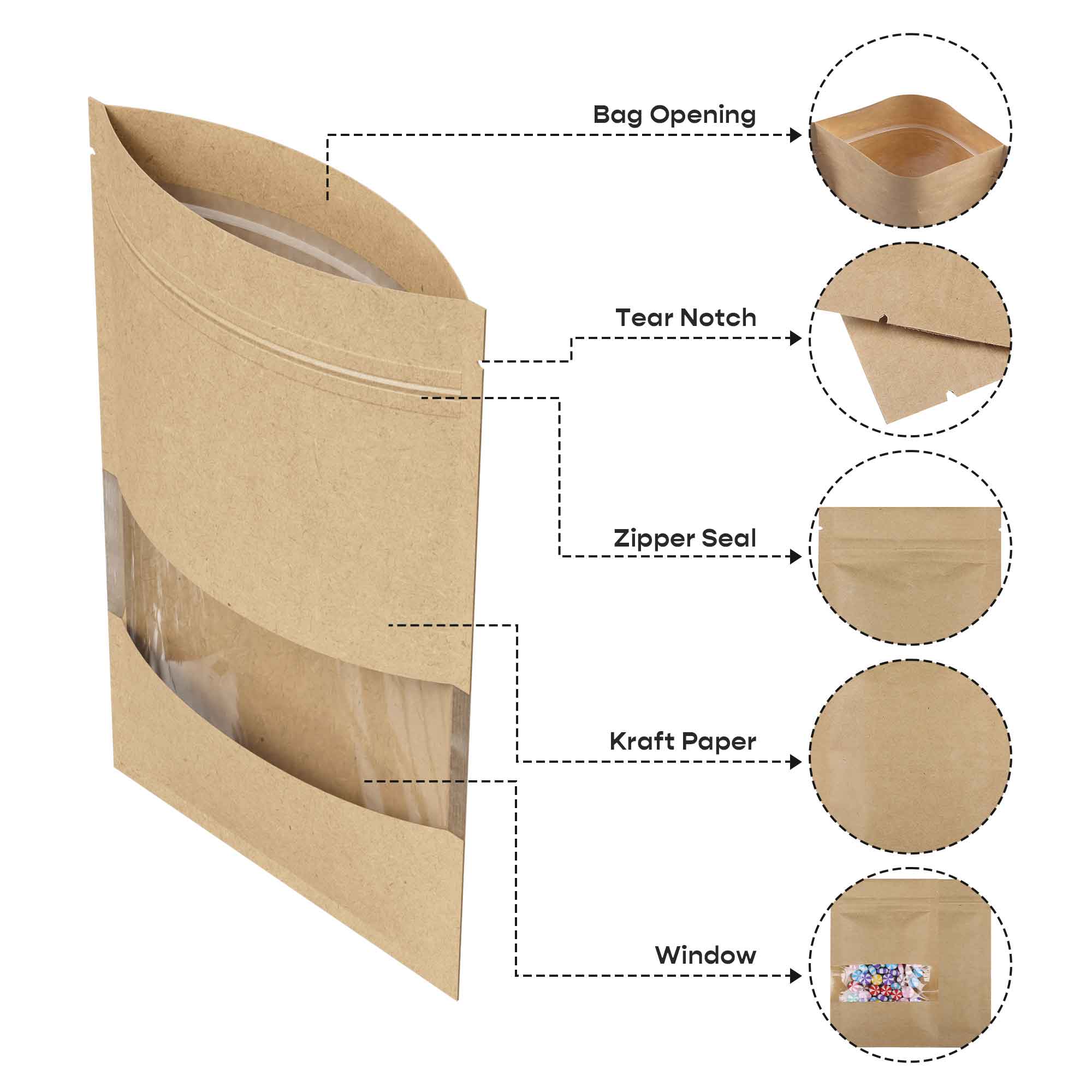 Customizable Vintage Brown Kraft Clear Slit Window Flat Zipper Seal Bags (Basic Printing)