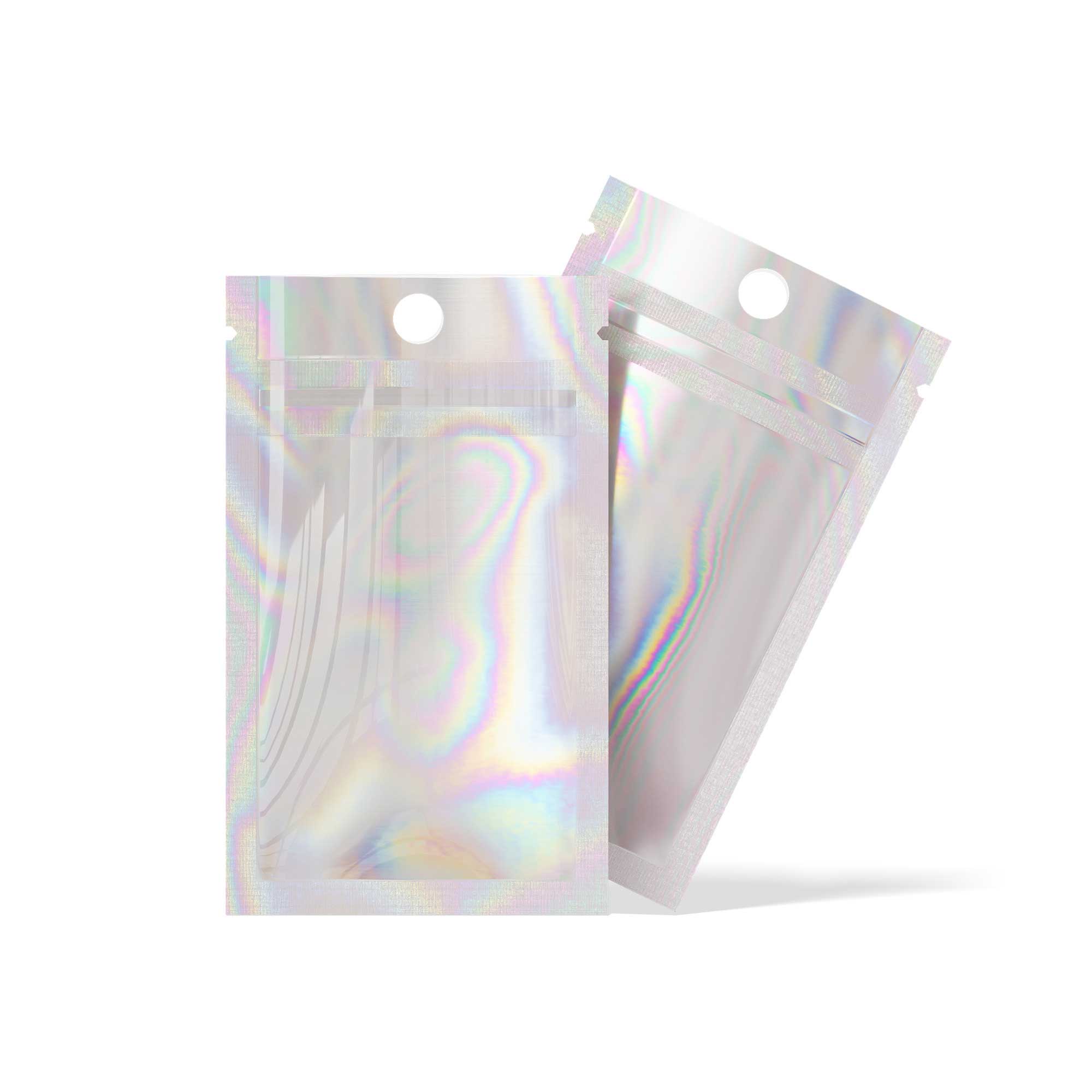 Customizable Clear and Half Diamond Holographic Mylar Flat Zipper Seal Bags with Round Hang Hole (Basic Printing)