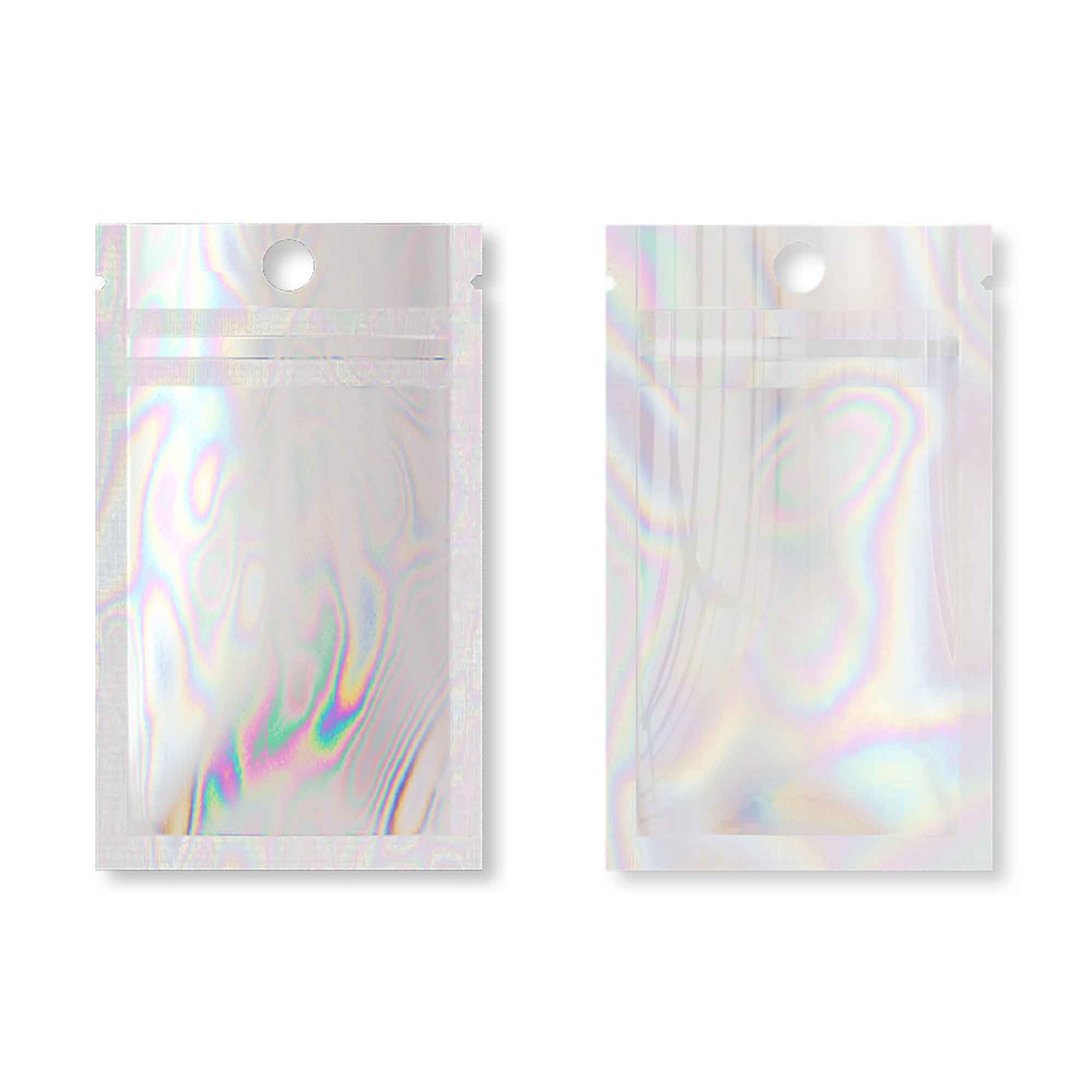 Customizable Clear and Half Diamond Holographic Mylar Flat Zipper Seal Bags with Round Hang Hole (Basic Printing)