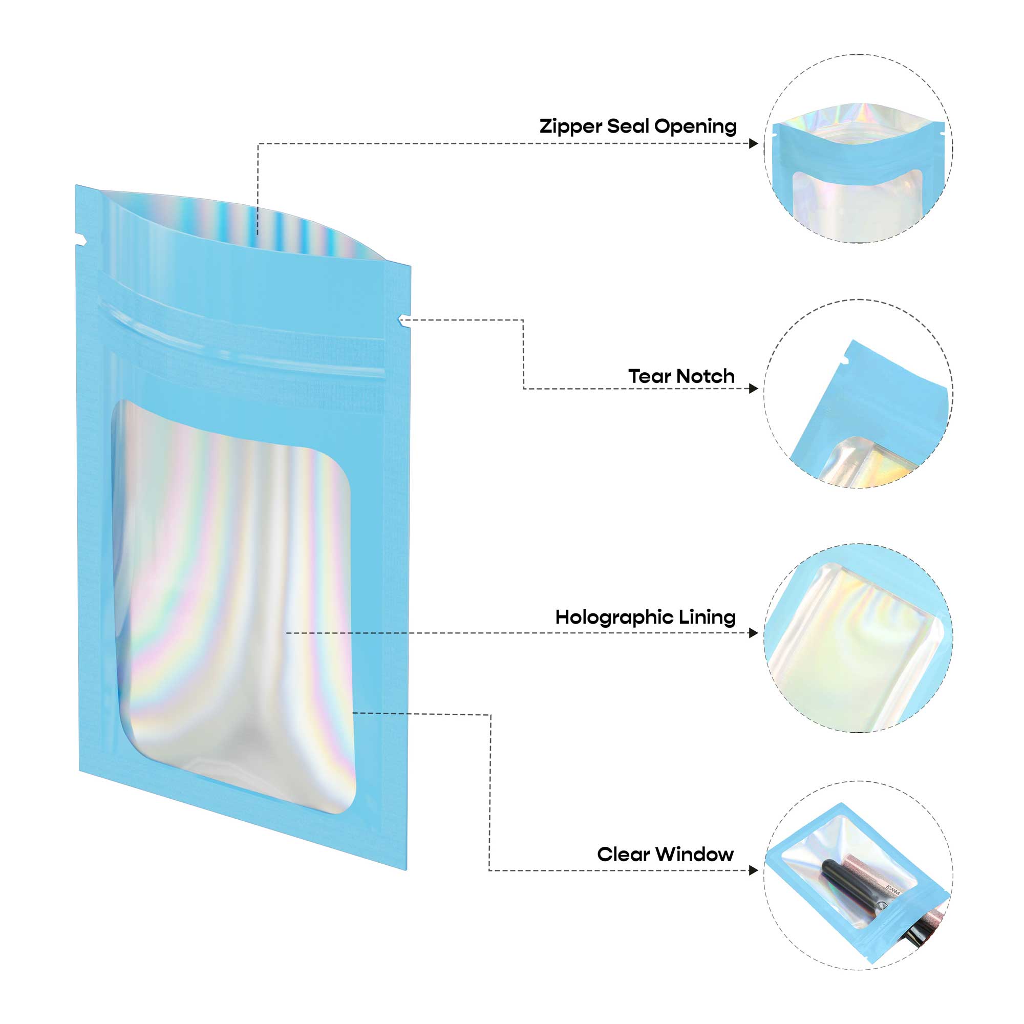 Customizable Flat Zipper Seal Window Bags with Holographic Interior (Basic Printing)