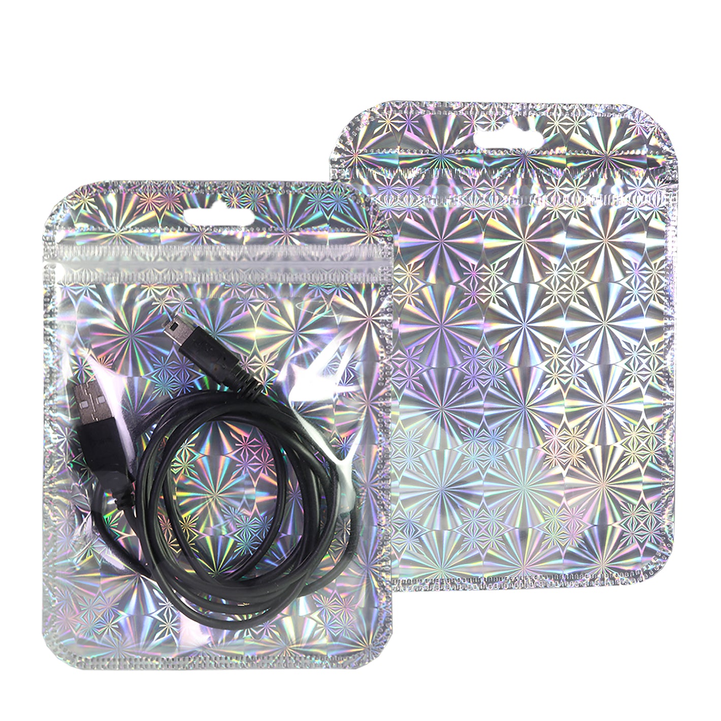 3.94 Inch x 5.91 Inch Glossy Psychedelic Silver Holographic Design Mylar QuickQlick® Bags with Butterfly Hang Hole