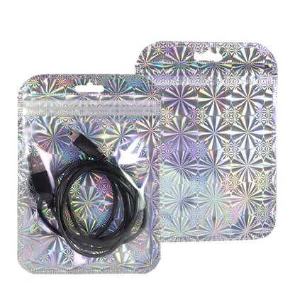 3.94 Inch x 5.91 Inch Glossy Psychedelic Silver Holographic Design Mylar QuickQlick® Bags with Butterfly Hang Hole