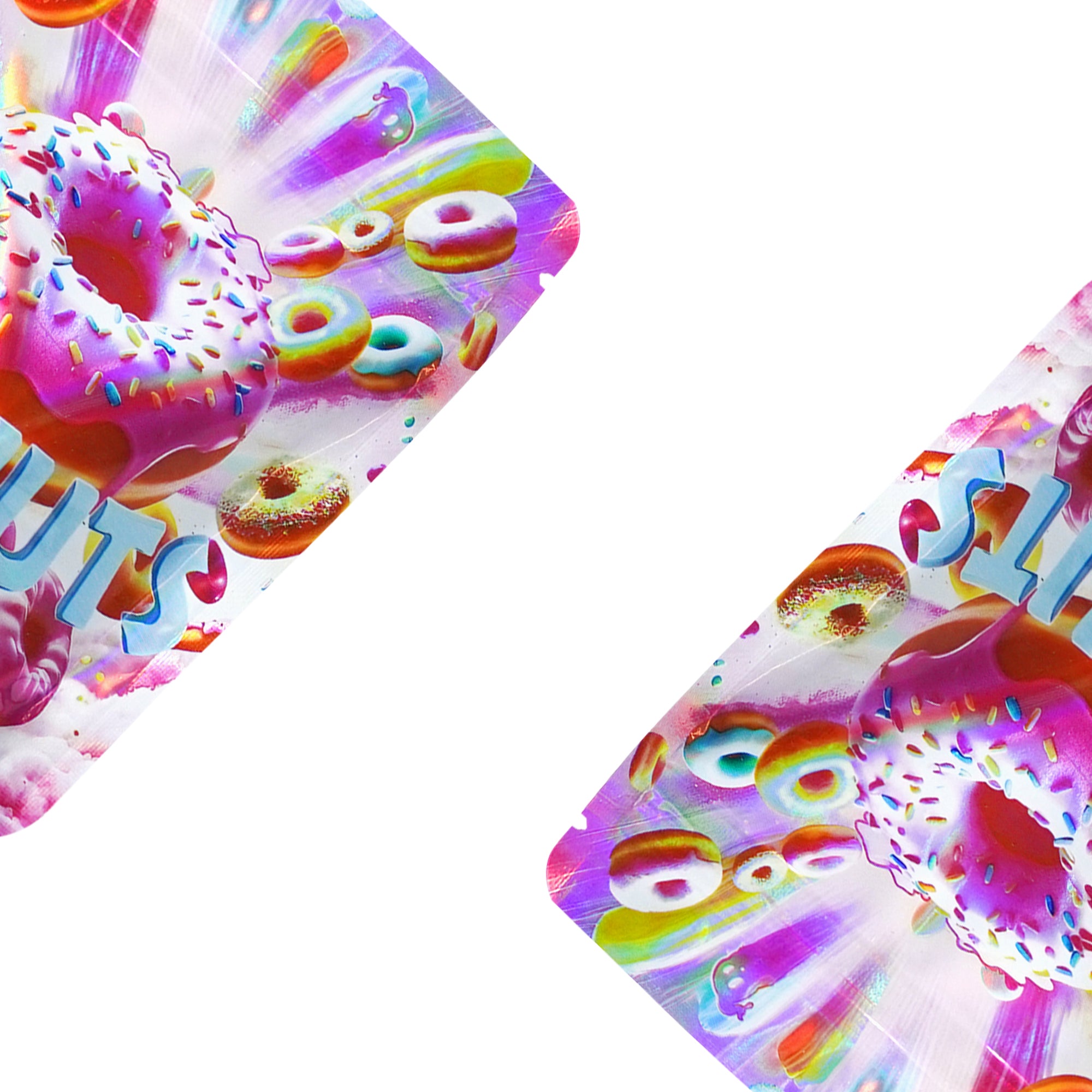 Holographic Sprinkle Donuts Smell Proof Metallized Foil Stand Strong® Bags with Matching Box 3.5g