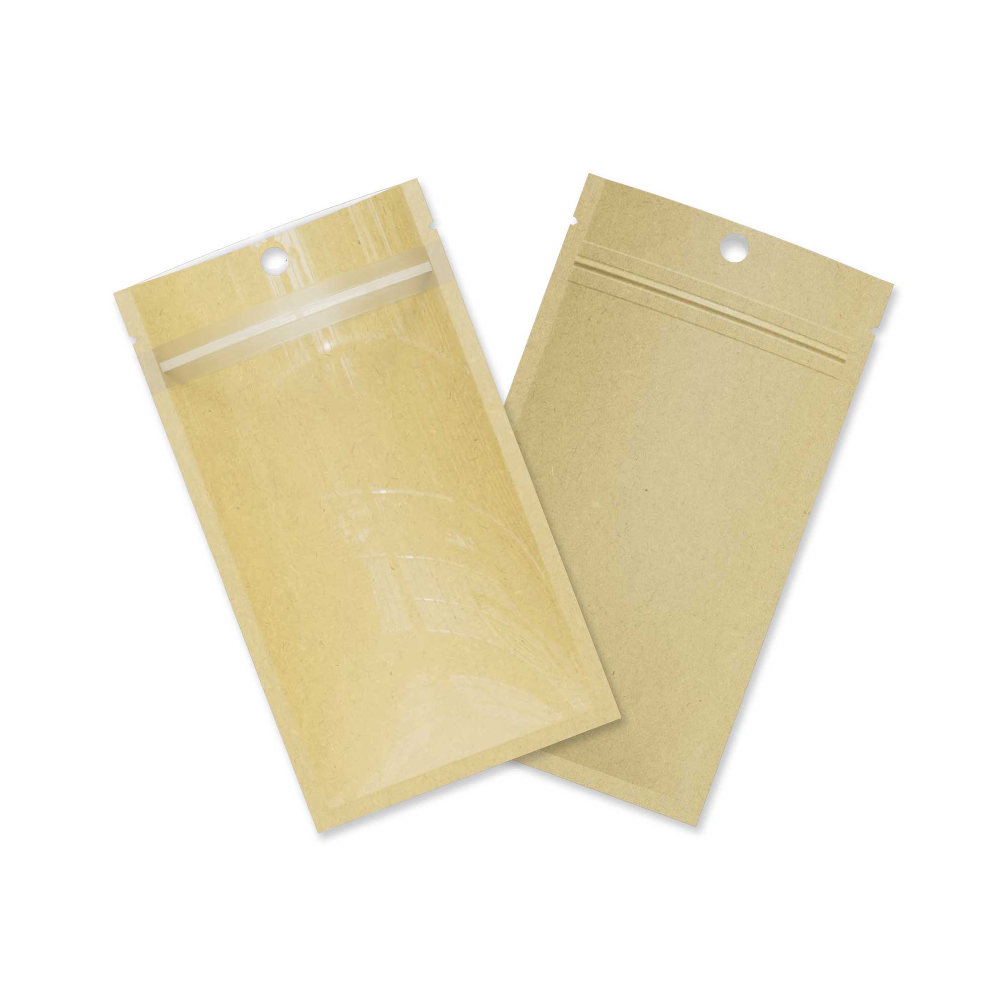 Customizable Glossy Half Clear Krafty Brown Flat Zipper Seal Bags with Hang Hole (Basic Printing)