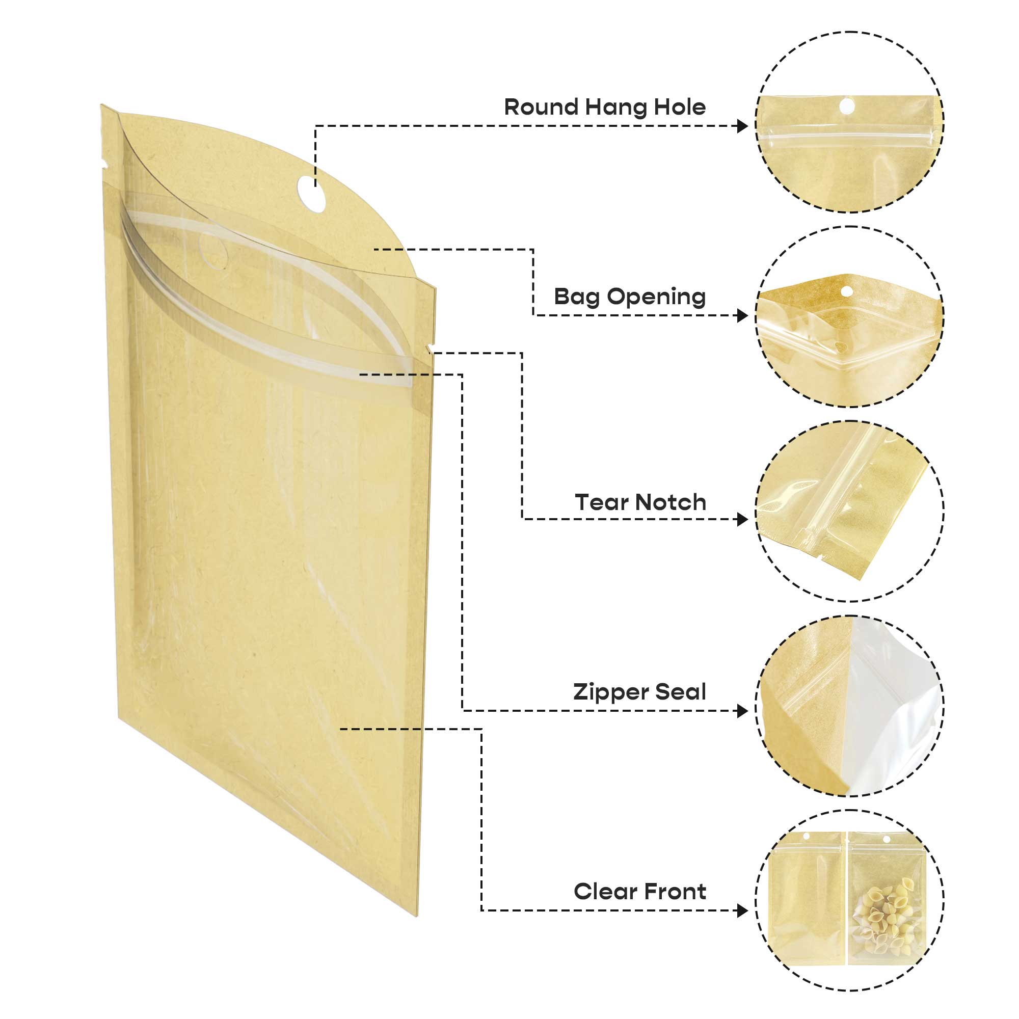 Customizable Glossy Half Clear Krafty Brown Flat Zipper Seal Bags with Hang Hole (Basic Printing)